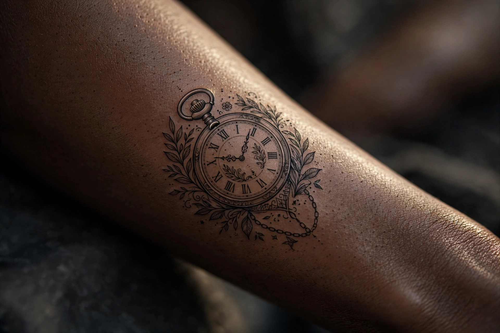 Vintage pocket watch tattoo stopped at a significant time on a man's forearm