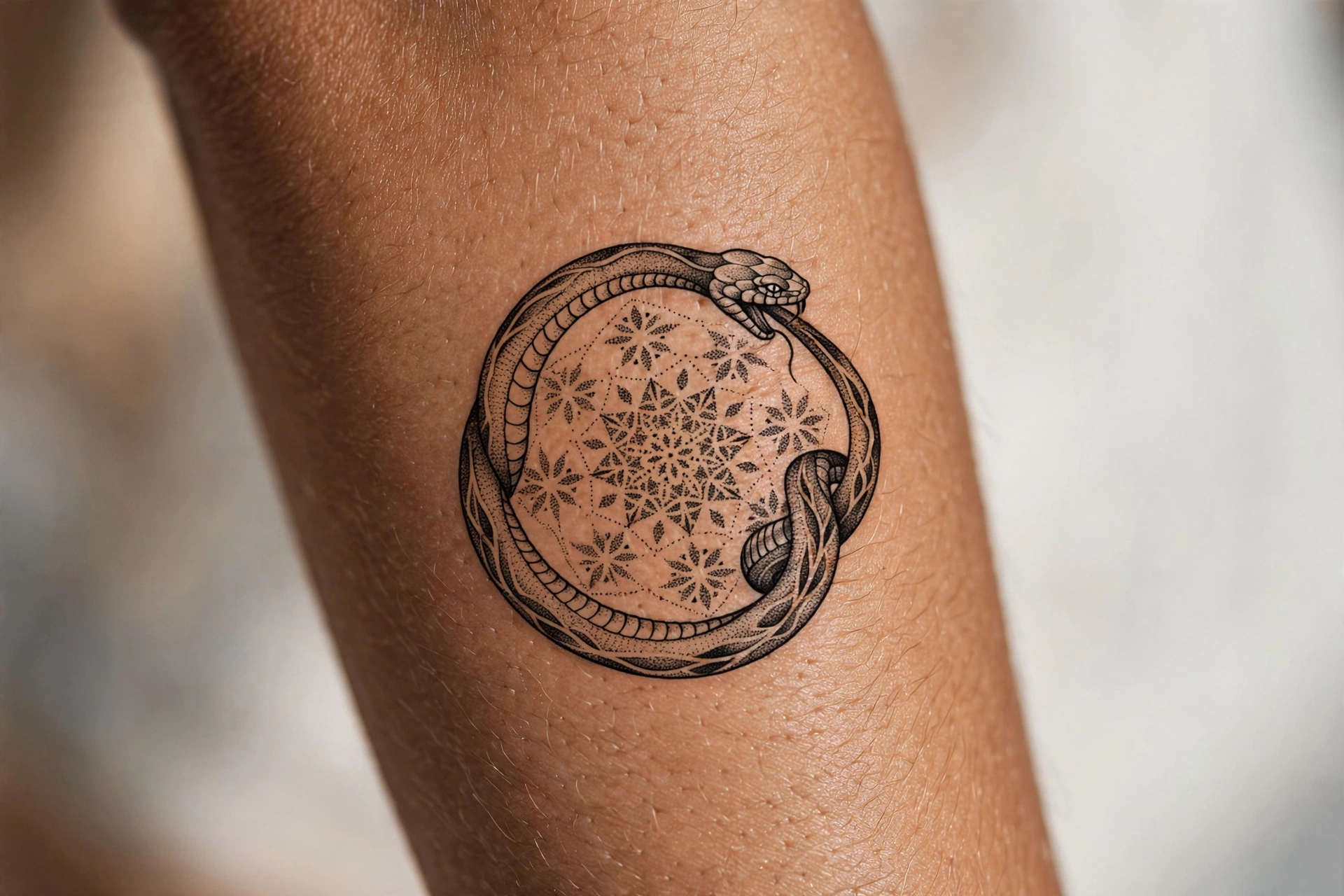 Ouroboros serpent eating its tail tattoo on a man's arm