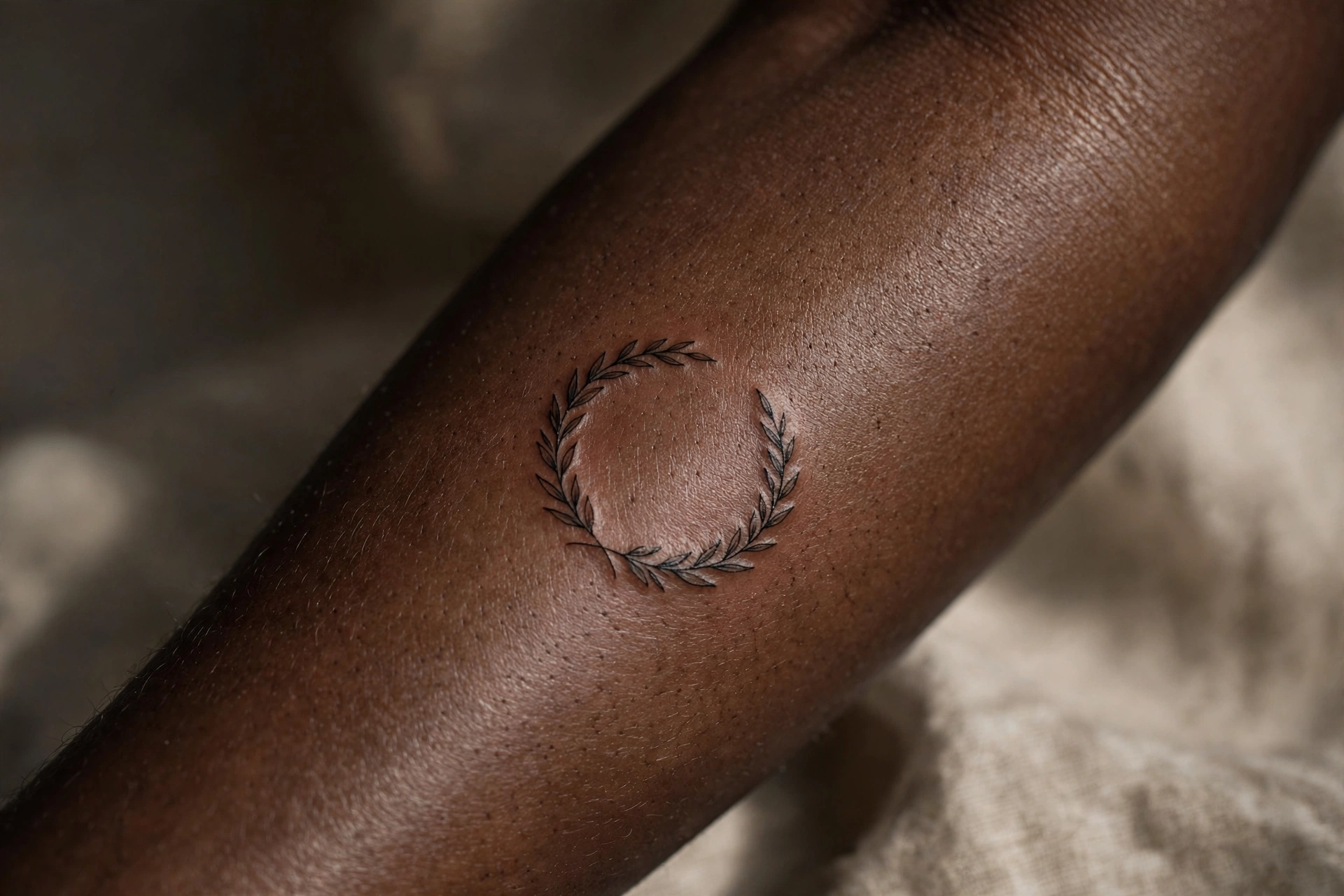 Laurel wreath tattoo symbolizing victory on a man's chest