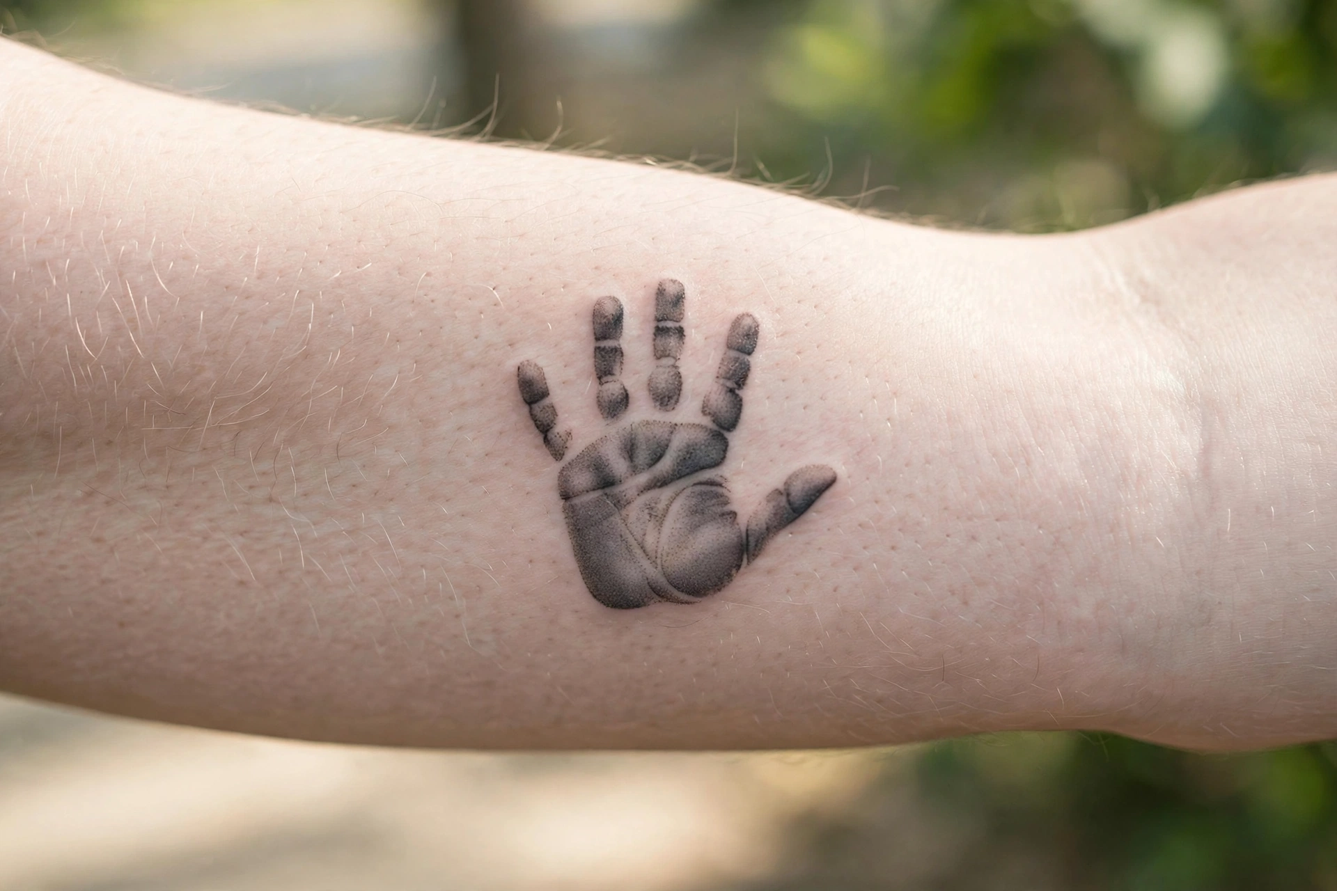 Child's handprint memorial tattoo on the shoulder