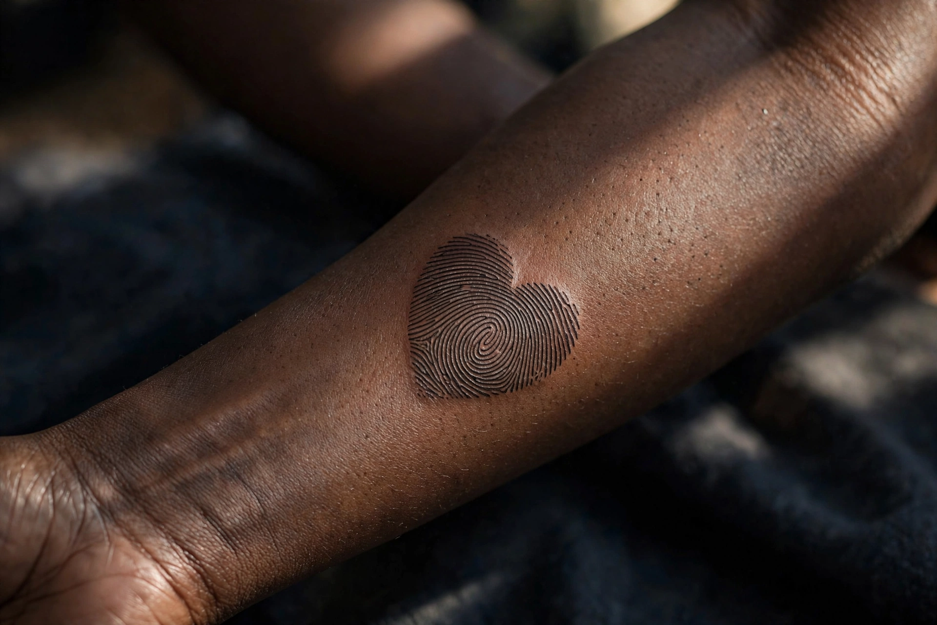 Heart-shaped memorial tattoo formed from a fingerprint