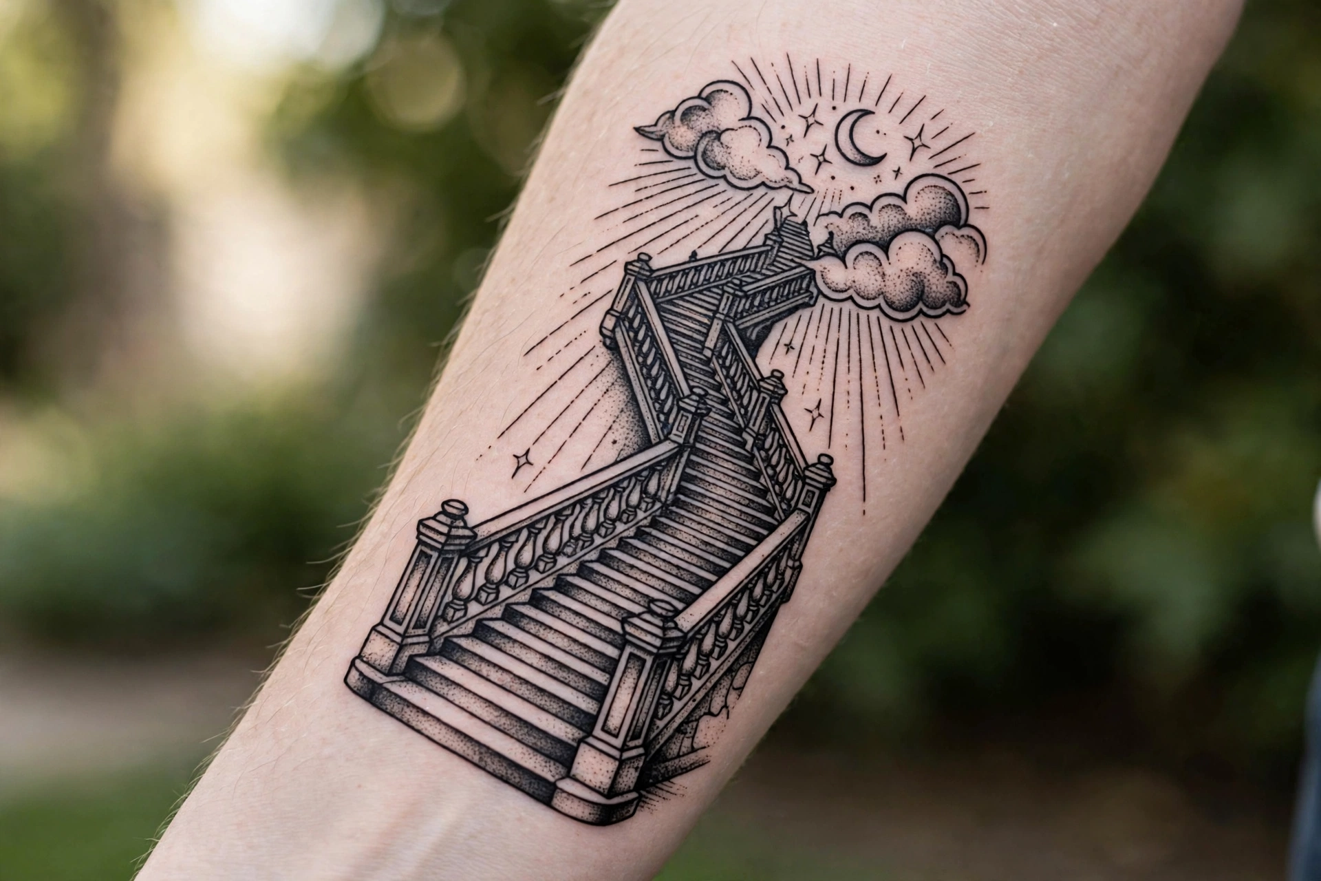 Staircase ascending into clouds memorial tattoo on the calf