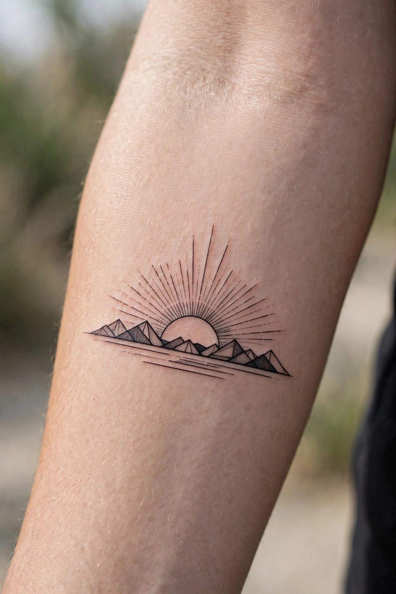 Sunset memorial tattoo with birds flying on the forearm