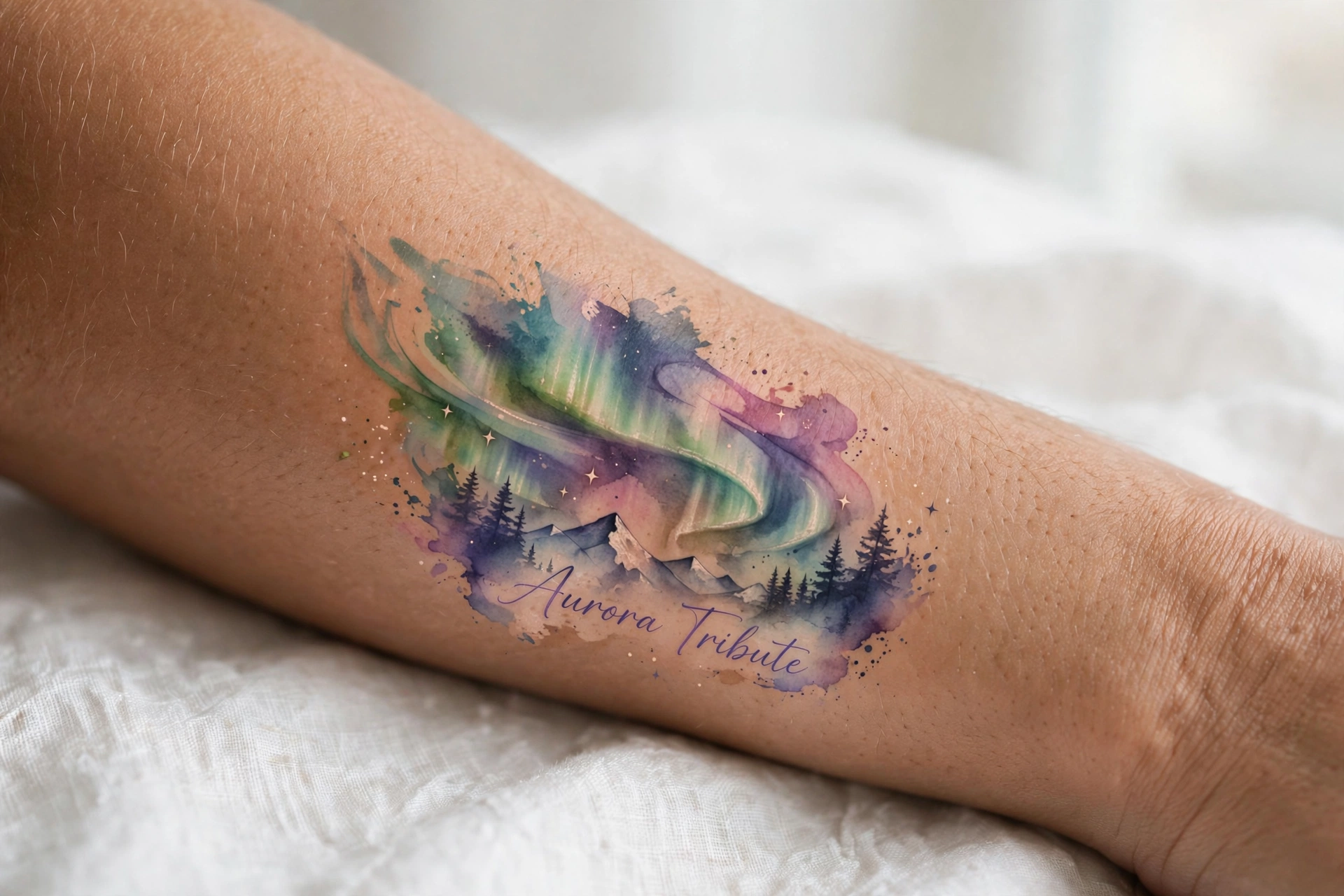 Northern lights memorial tattoo in soft green and violet