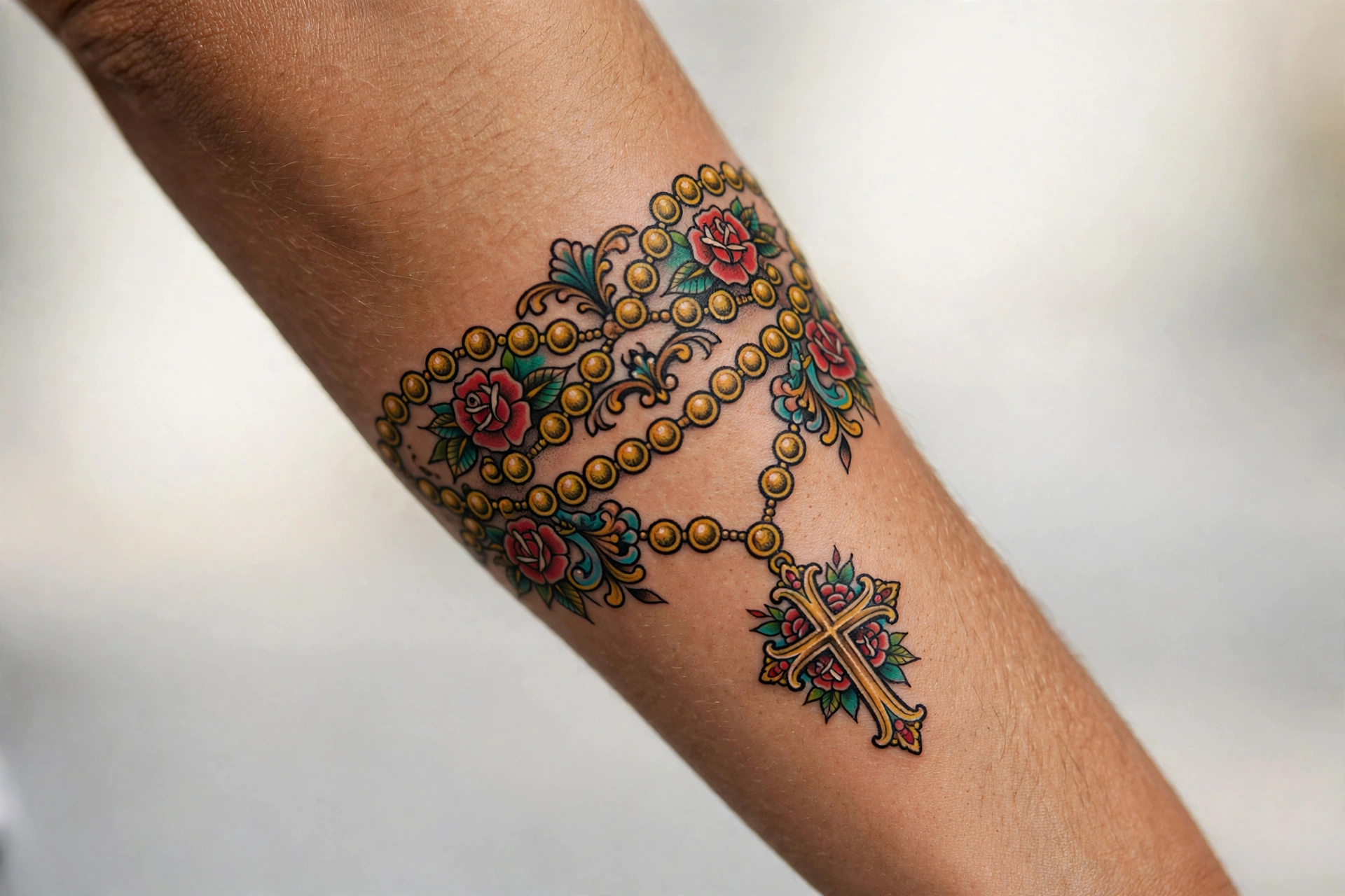 Rosary beads memorial tattoo wrapping around the wrist