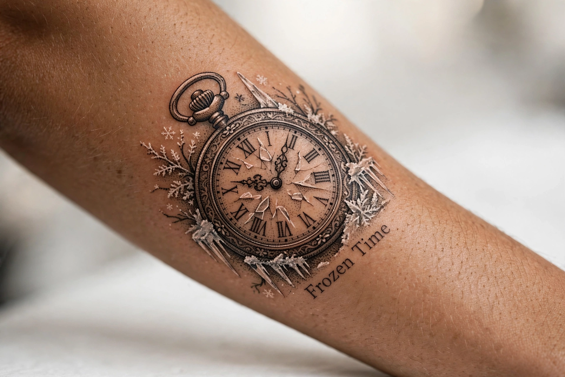Pocket watch memorial tattoo stopped at a meaningful time