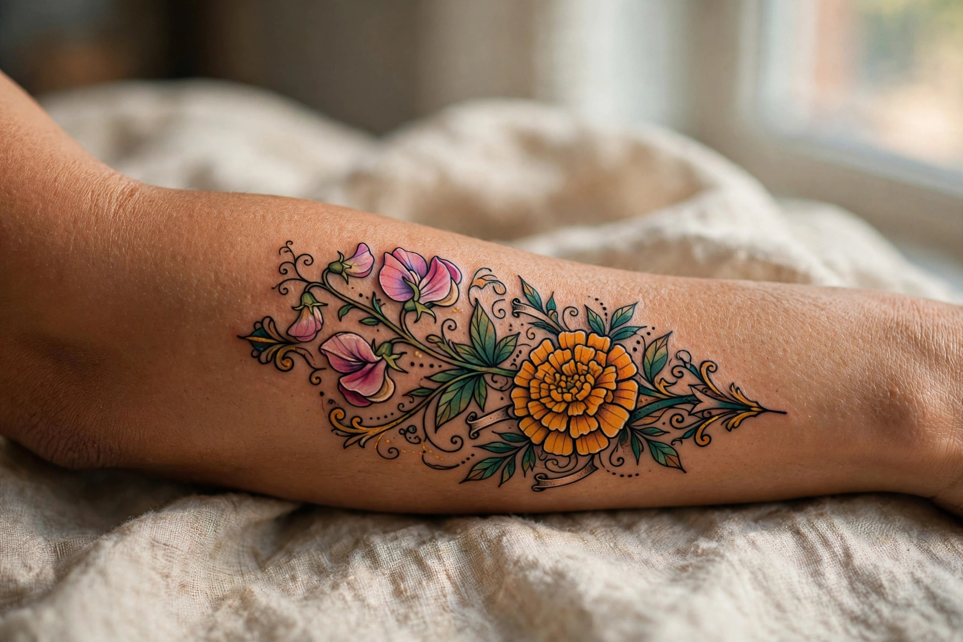 Birth flower memorial tattoo honoring a loved one's month