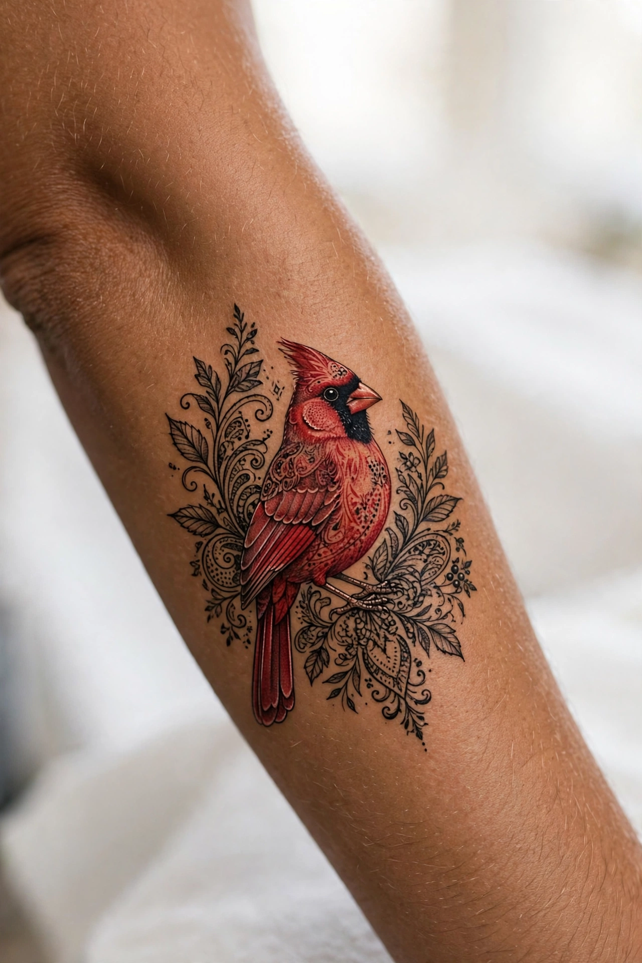 Red cardinal memorial tattoo perched on a branch