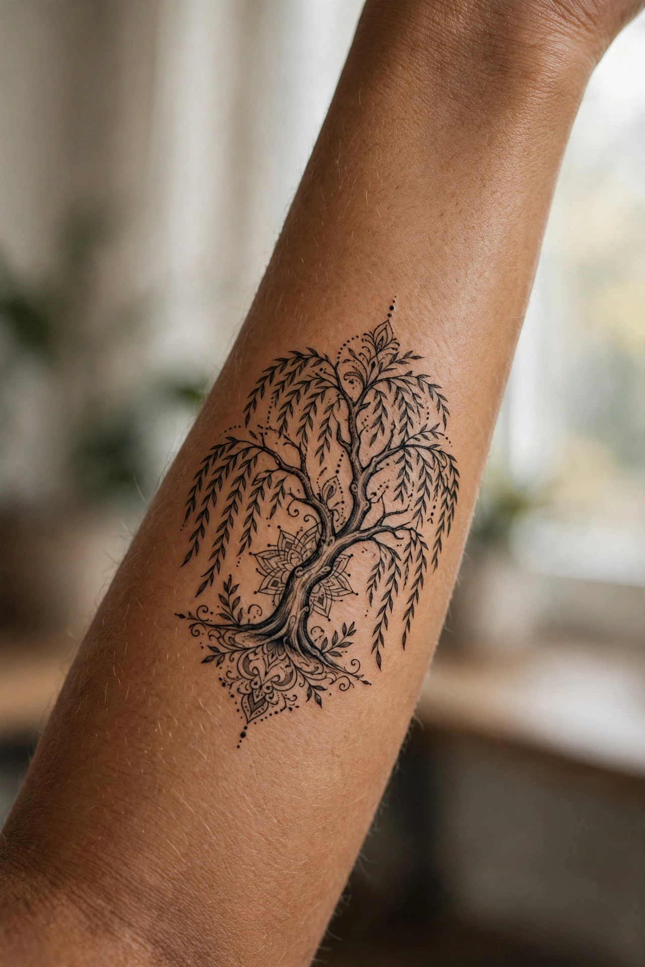 Weeping willow memorial tattoo with flowing branches