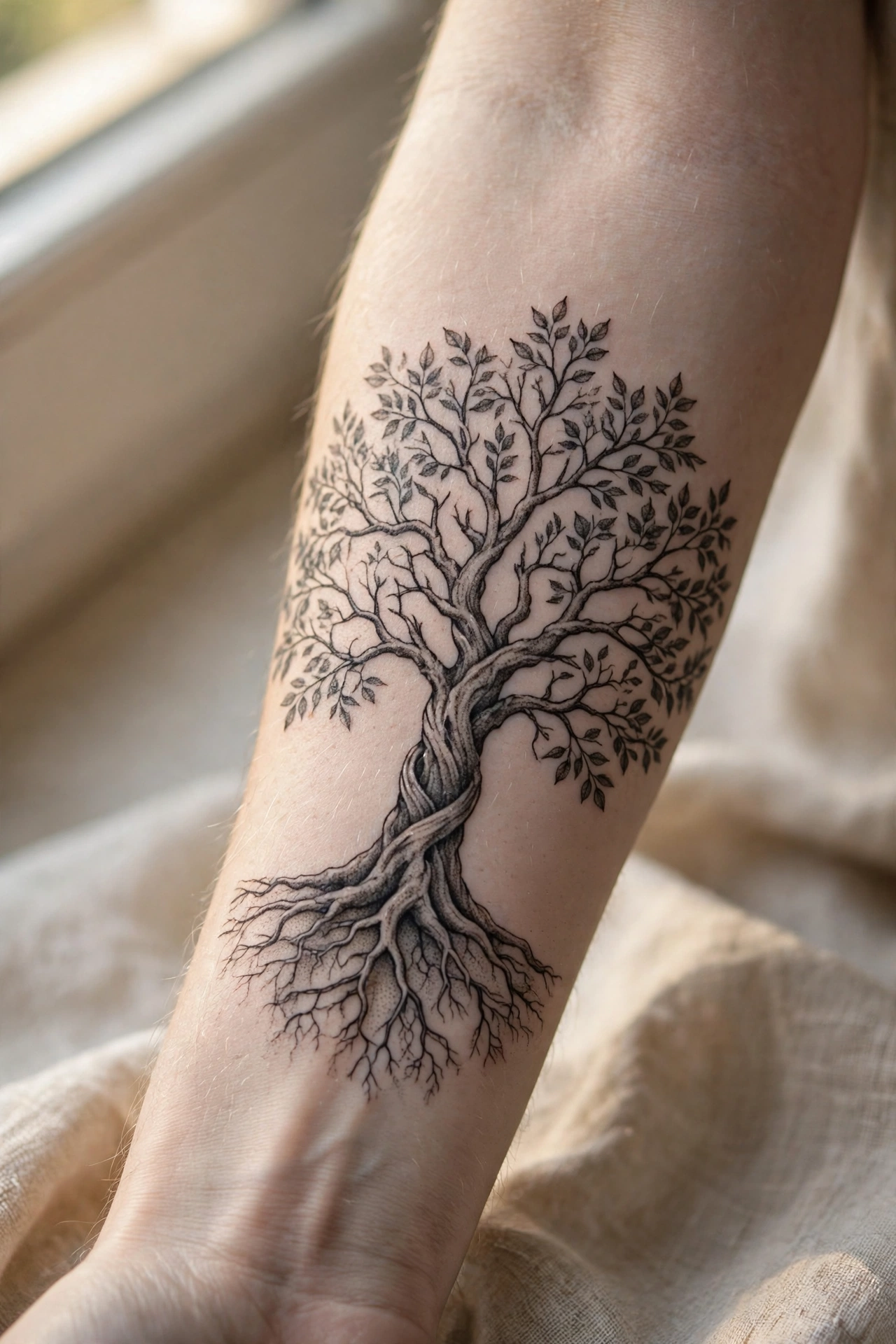 Tree of life memorial tattoo with deep roots
