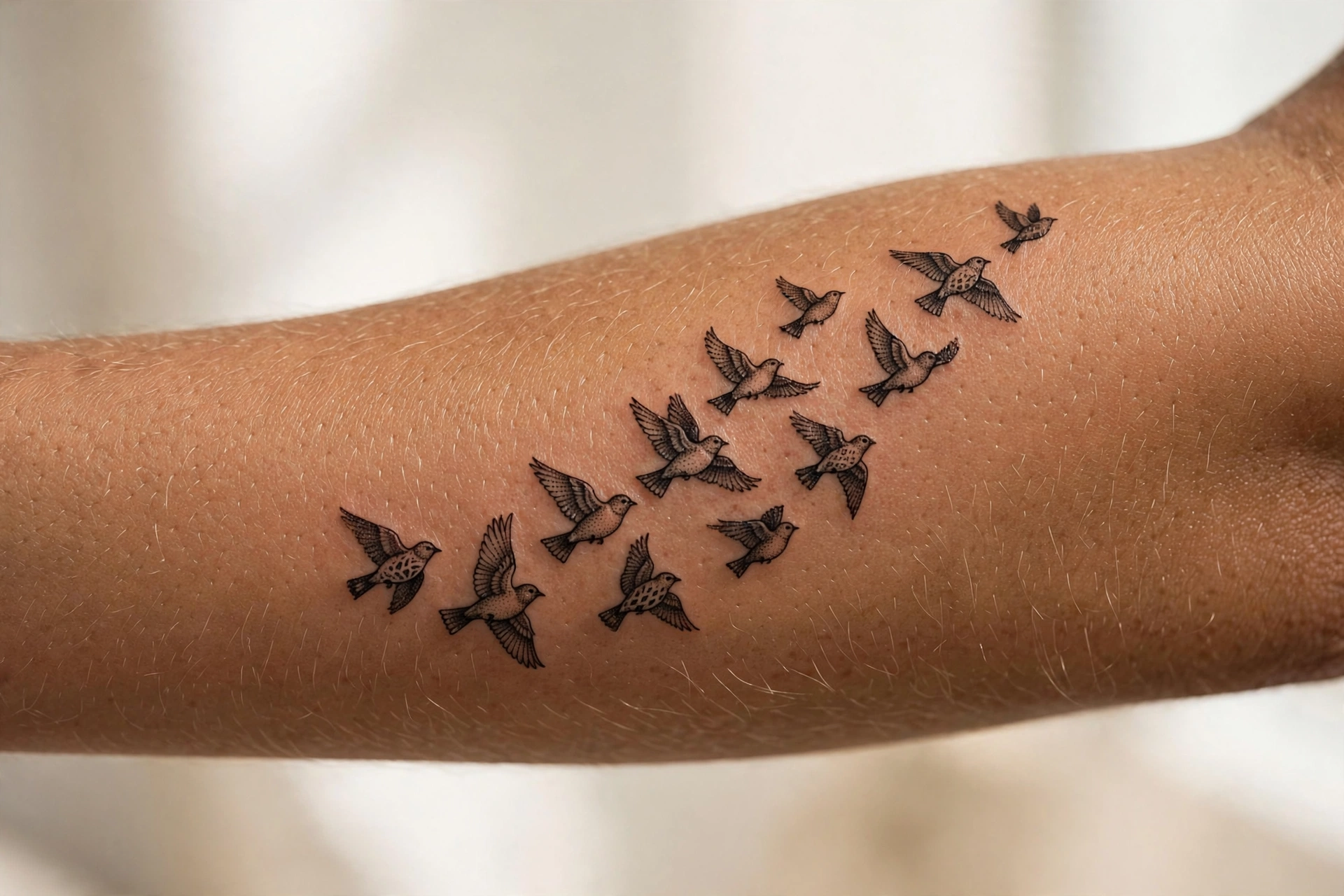 Flock of birds memorial tattoo rising from the shoulder