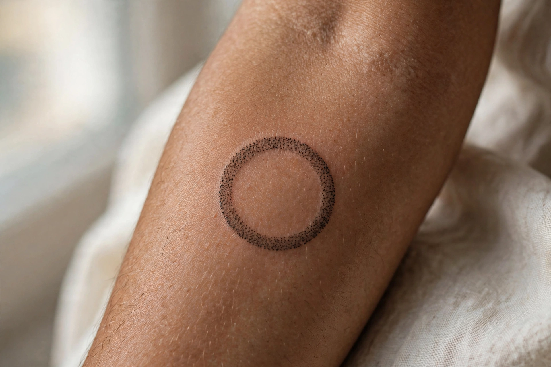 Minimal dot circle tattoo on man's finger