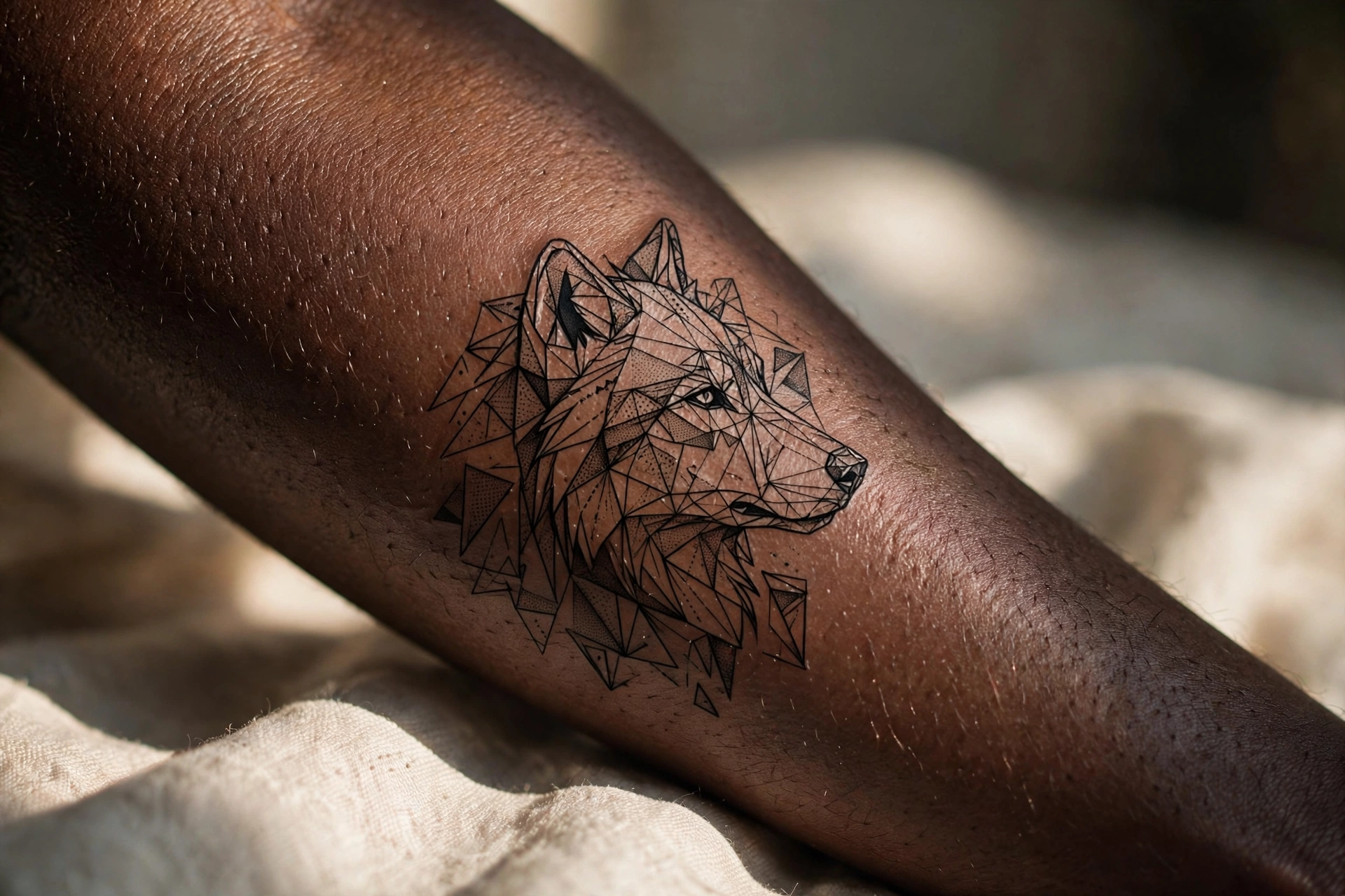 Line art wolf minimalist tattoo on man's bicep