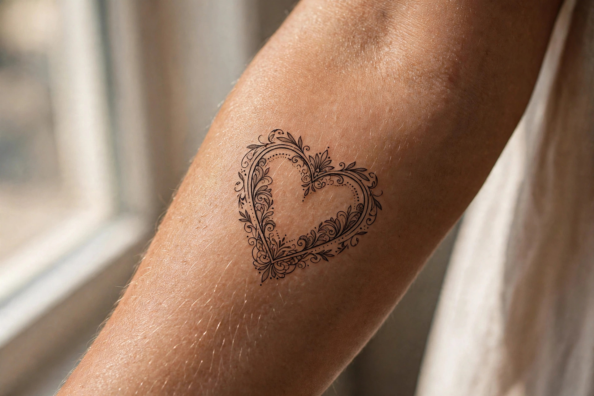 Outline heart minimalist tattoo on man's wrist