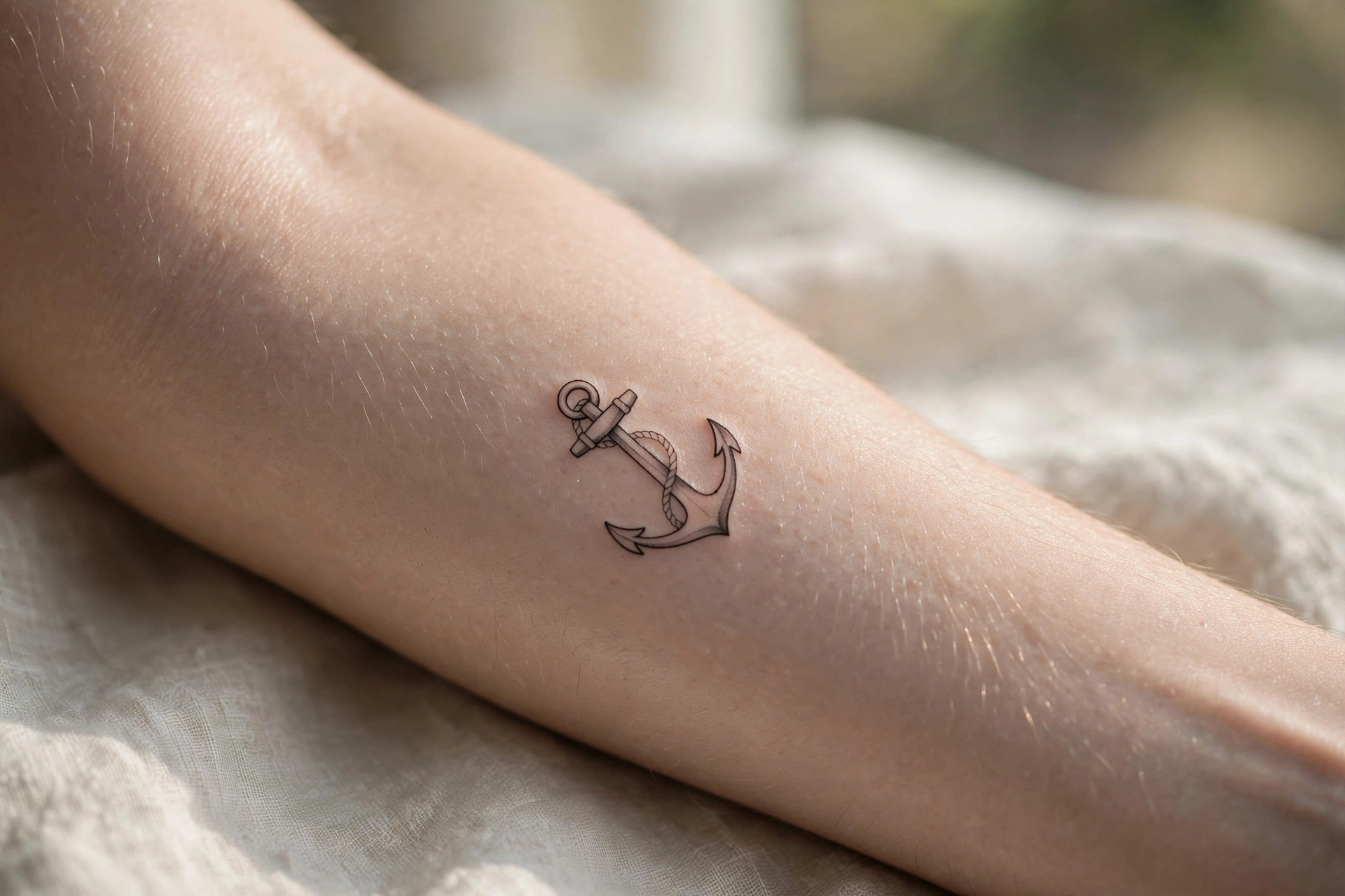 Minimal anchor outline tattoo on man's ankle