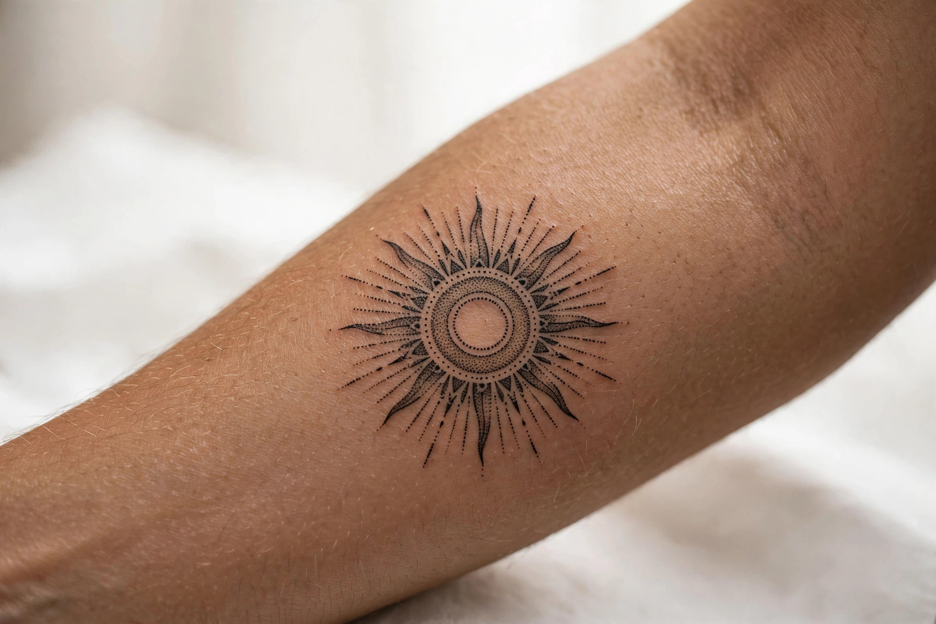 Dotwork sun minimalist tattoo on man's shoulder
