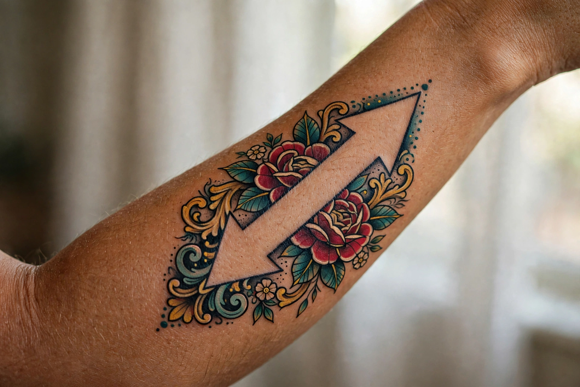 Negative space arrow minimalist tattoo on man's forearm
