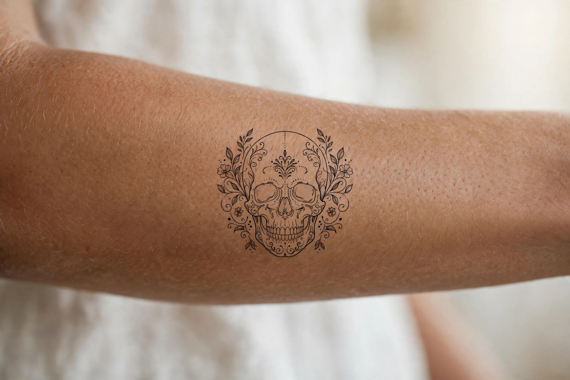 Minimalist skull outline tattoo on man's forearm