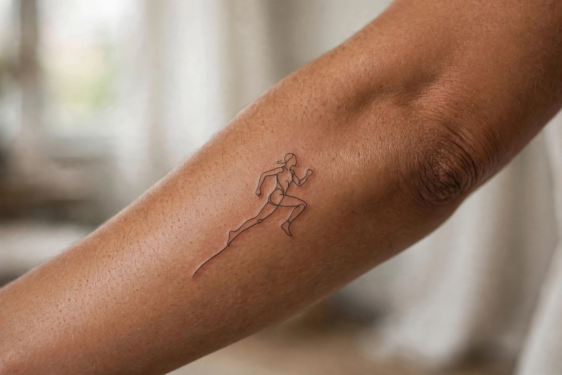 One line running figure minimalist tattoo on man's calf