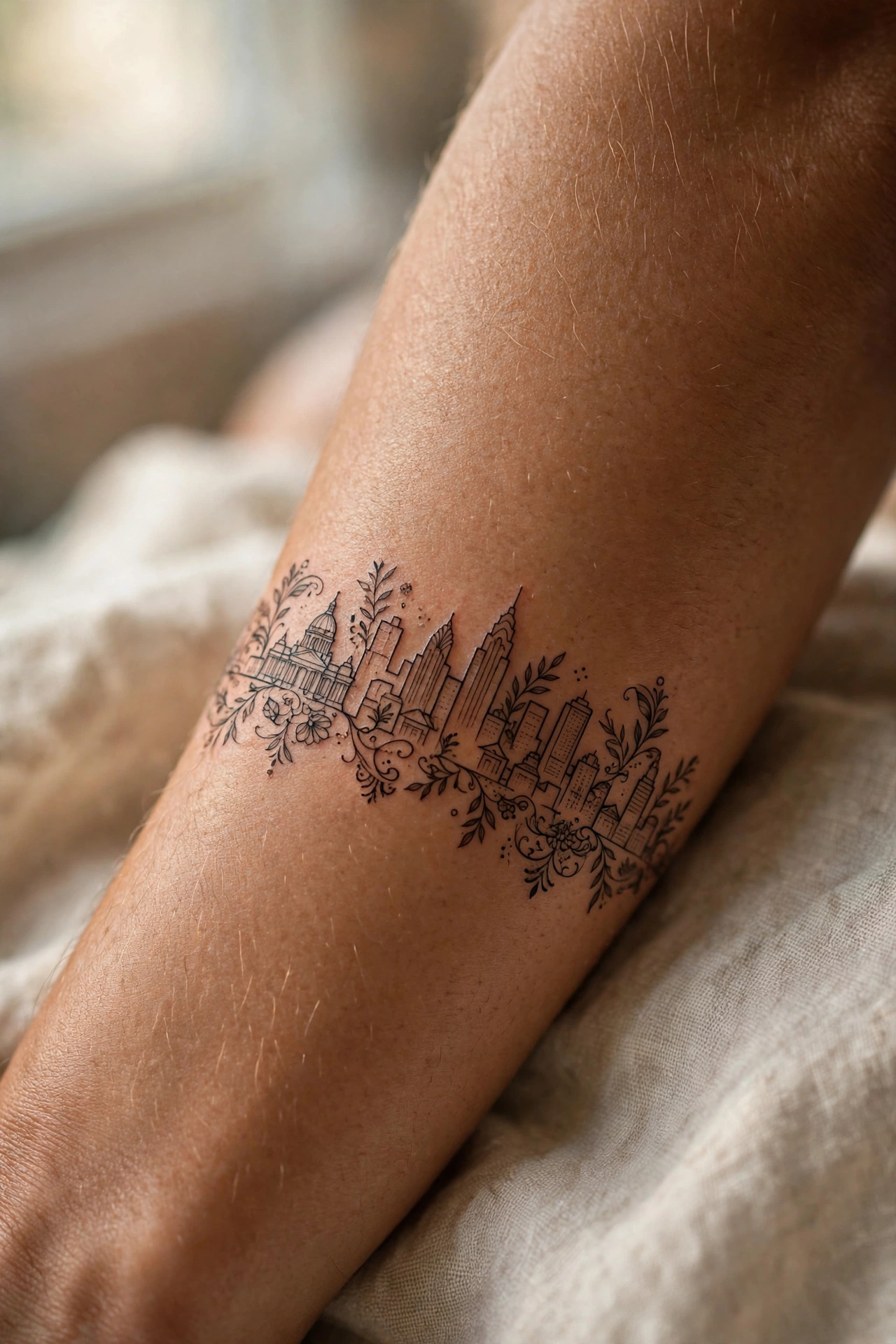 Single line city skyline minimalist tattoo on man's forearm