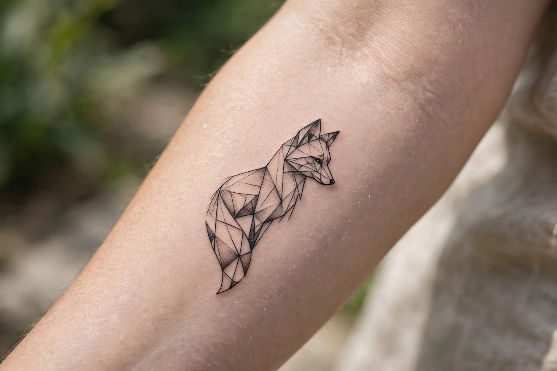 Minimalist geometric fox tattoo on man's bicep
