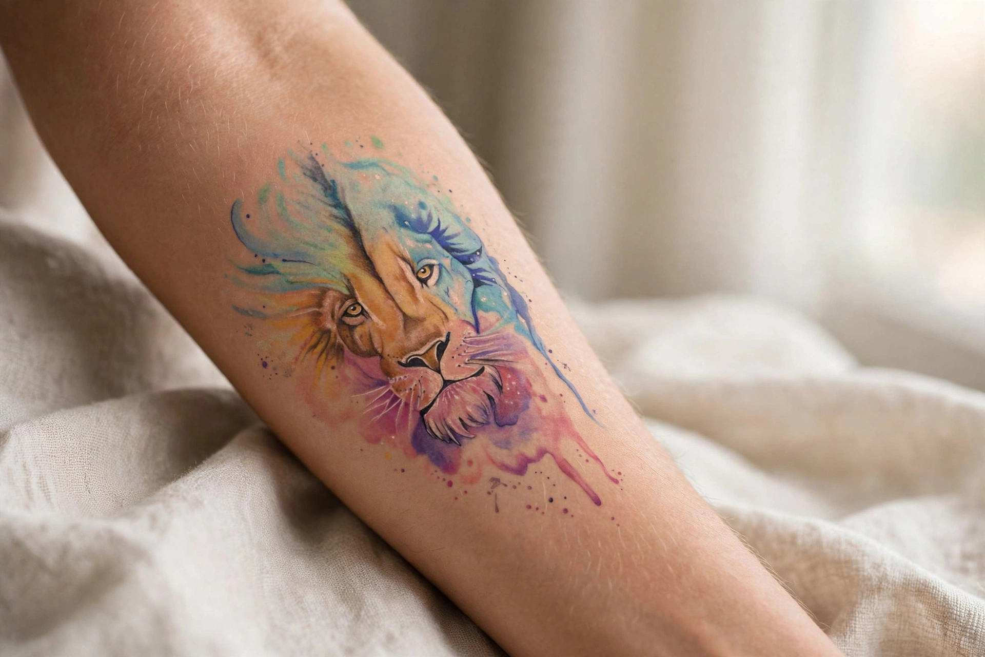 One stroke lion minimalist tattoo on man's shoulder