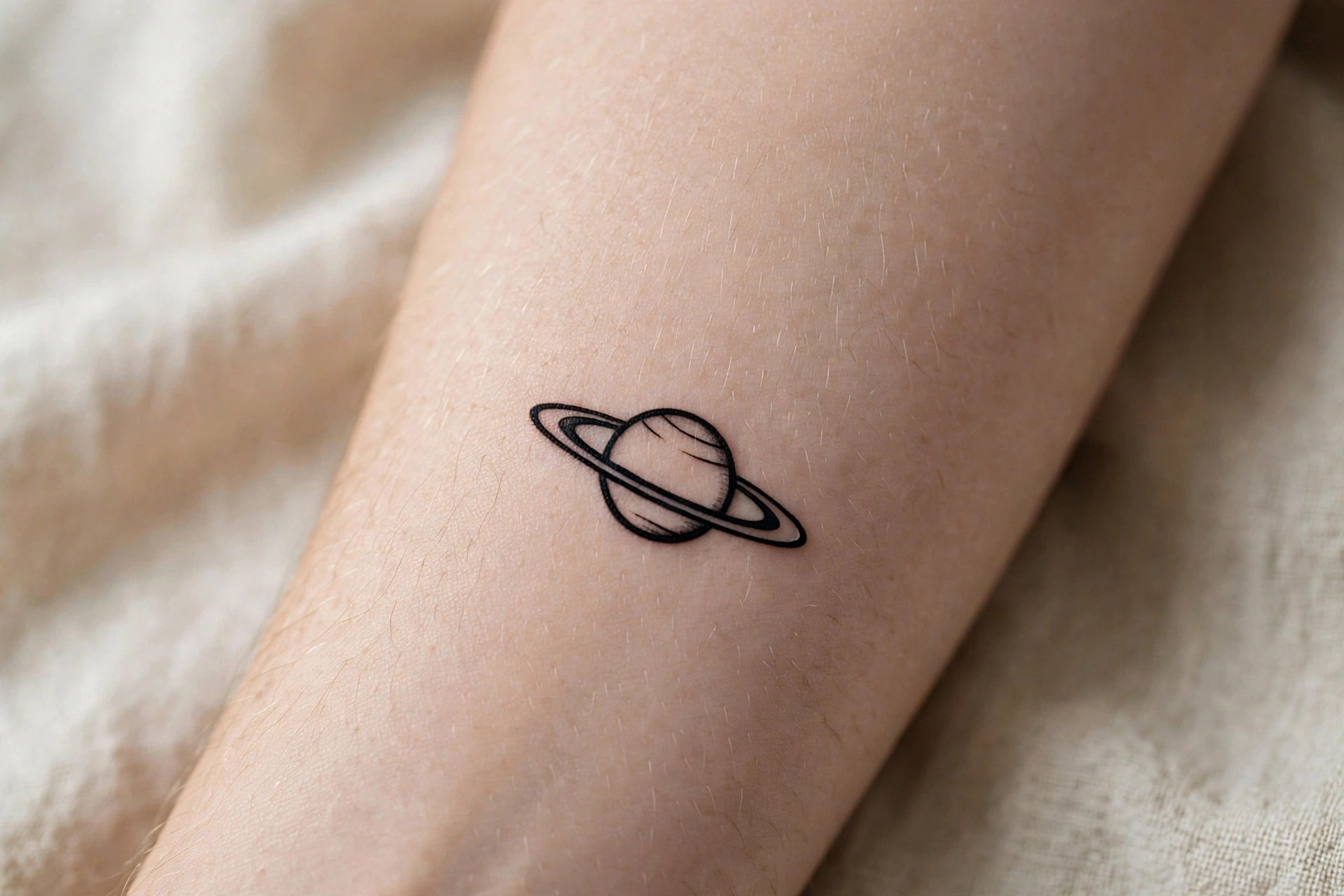 Minimalist saturn planet tattoo on man's wrist