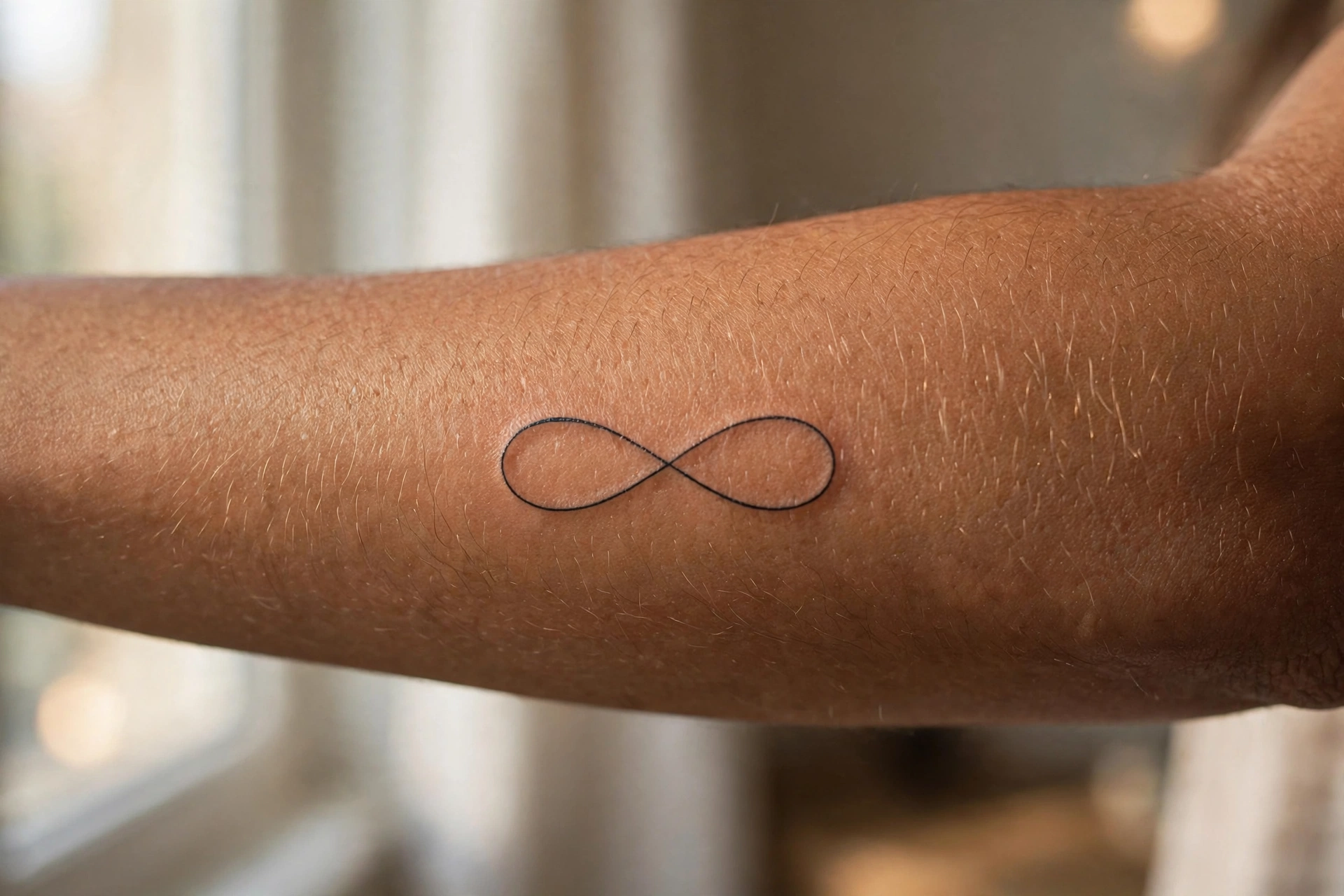 Single line infinity minimalist tattoo on man's wrist