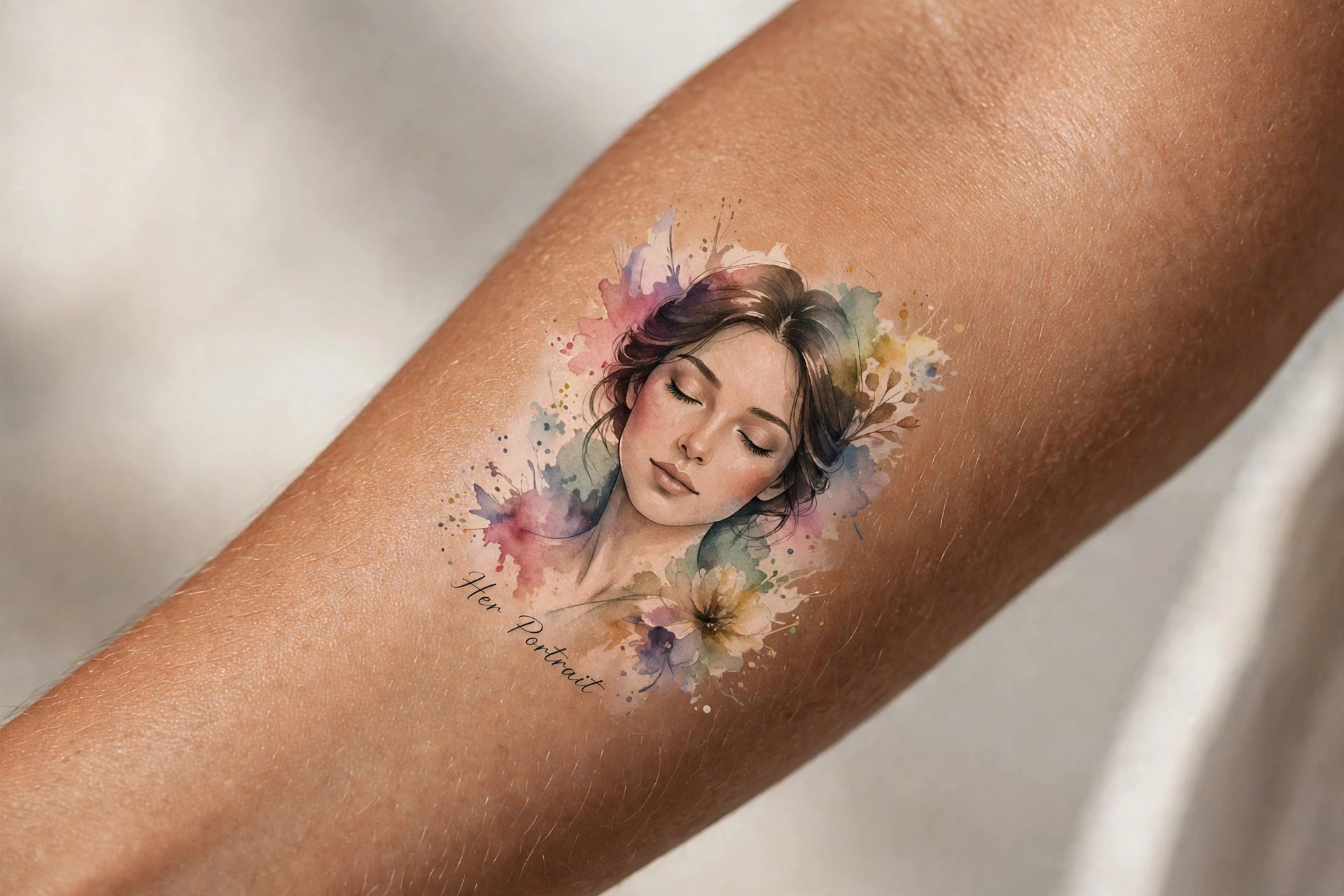 Realistic portrait tattoo of mom, black and grey style