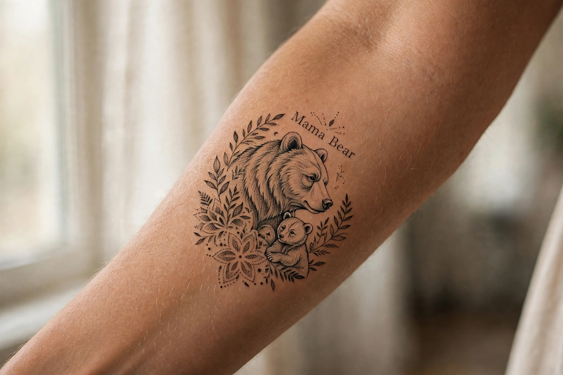 Mama bear tattoo with cubs, fierce protective design