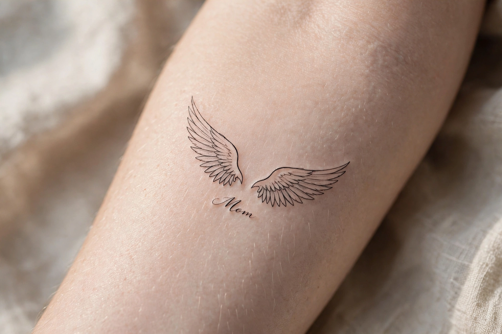Angel wings tattoo with mom script, memorial tribute design