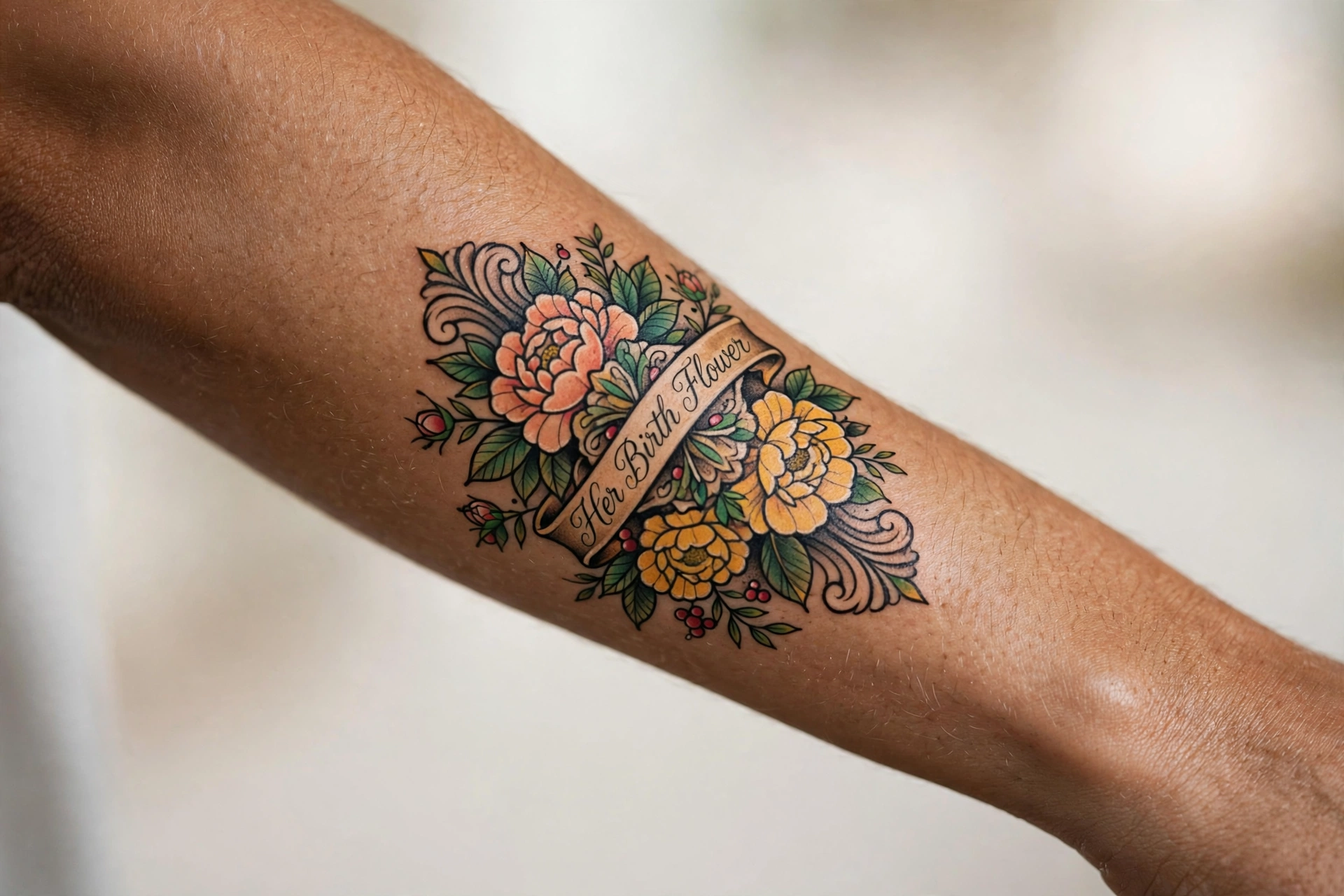 Mom's birth month flower tattoo, botanical fine-line design