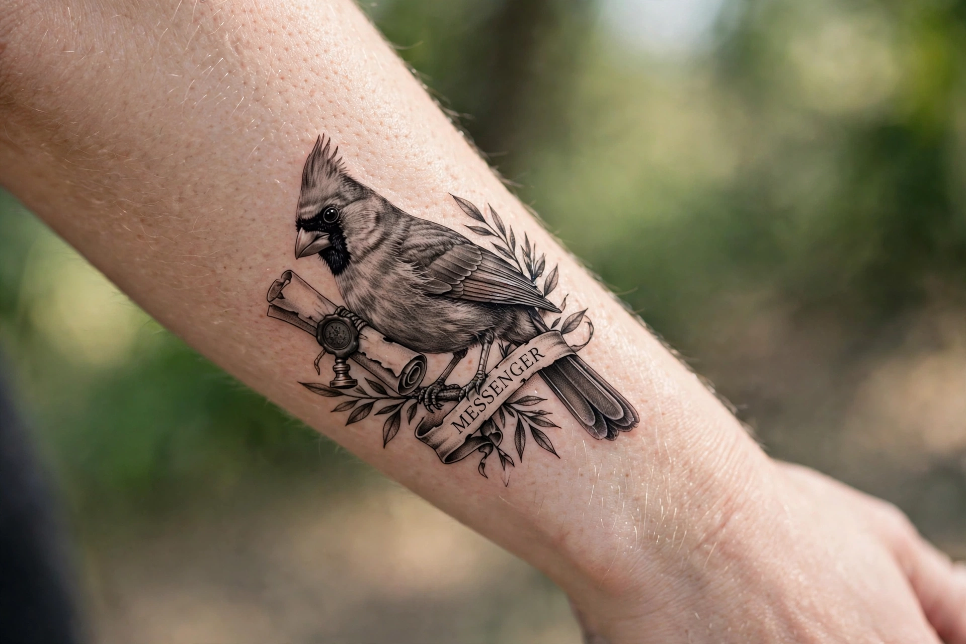 Red cardinal tattoo symbolizing mom visiting from heaven