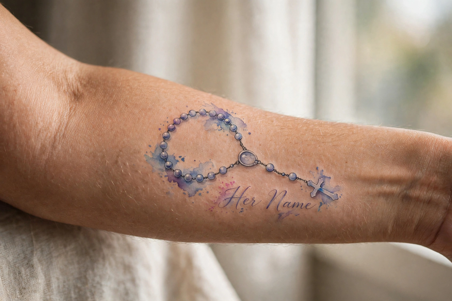 Rosary tattoo with mom's name, faith-inspired tribute