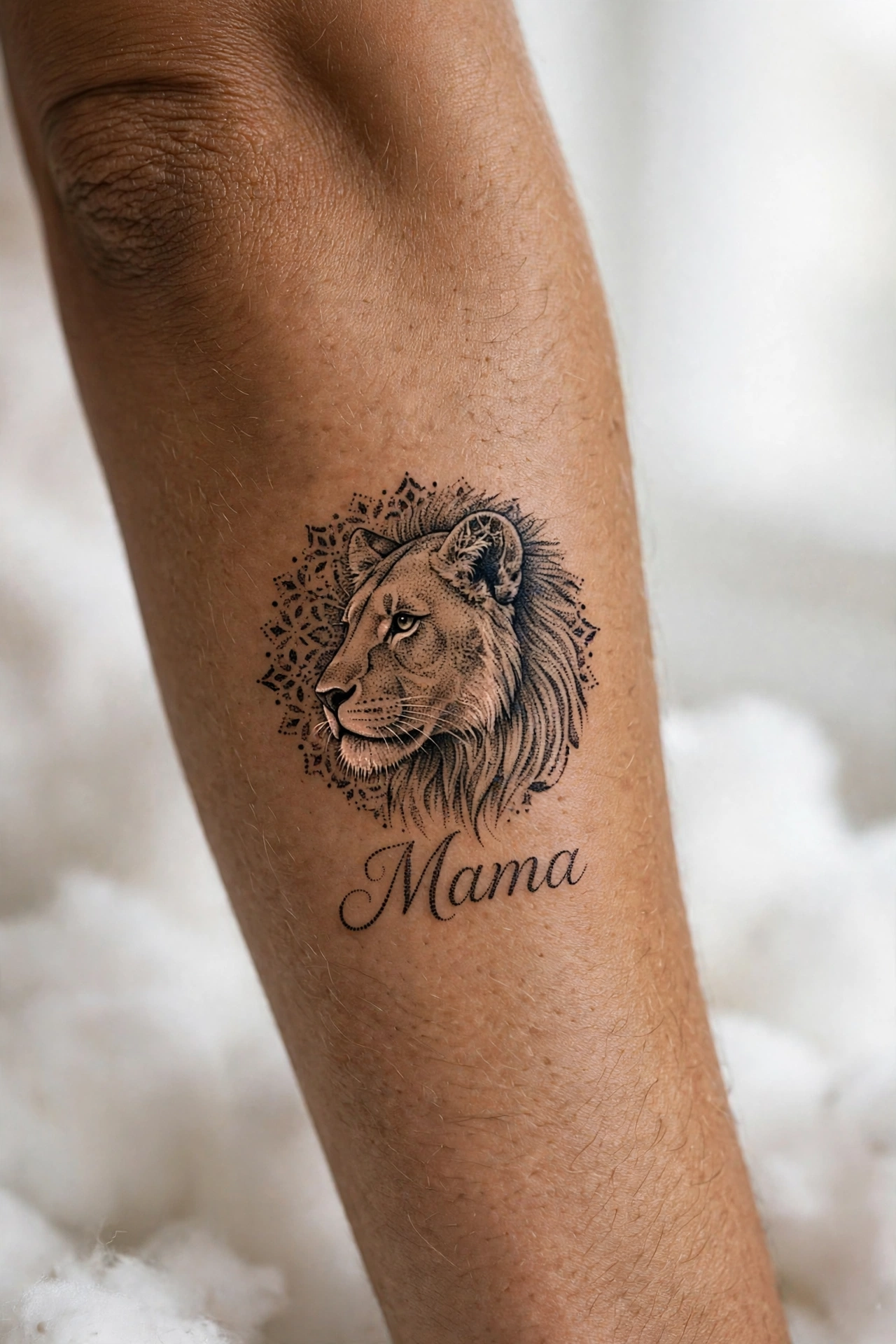 Lioness tattoo honoring fierce mama strength
