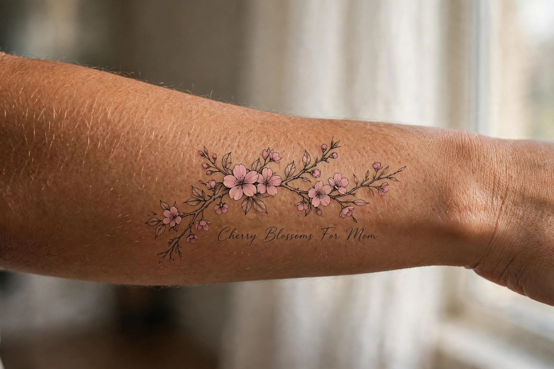 Cherry blossom branch tattoo in memory of mom
