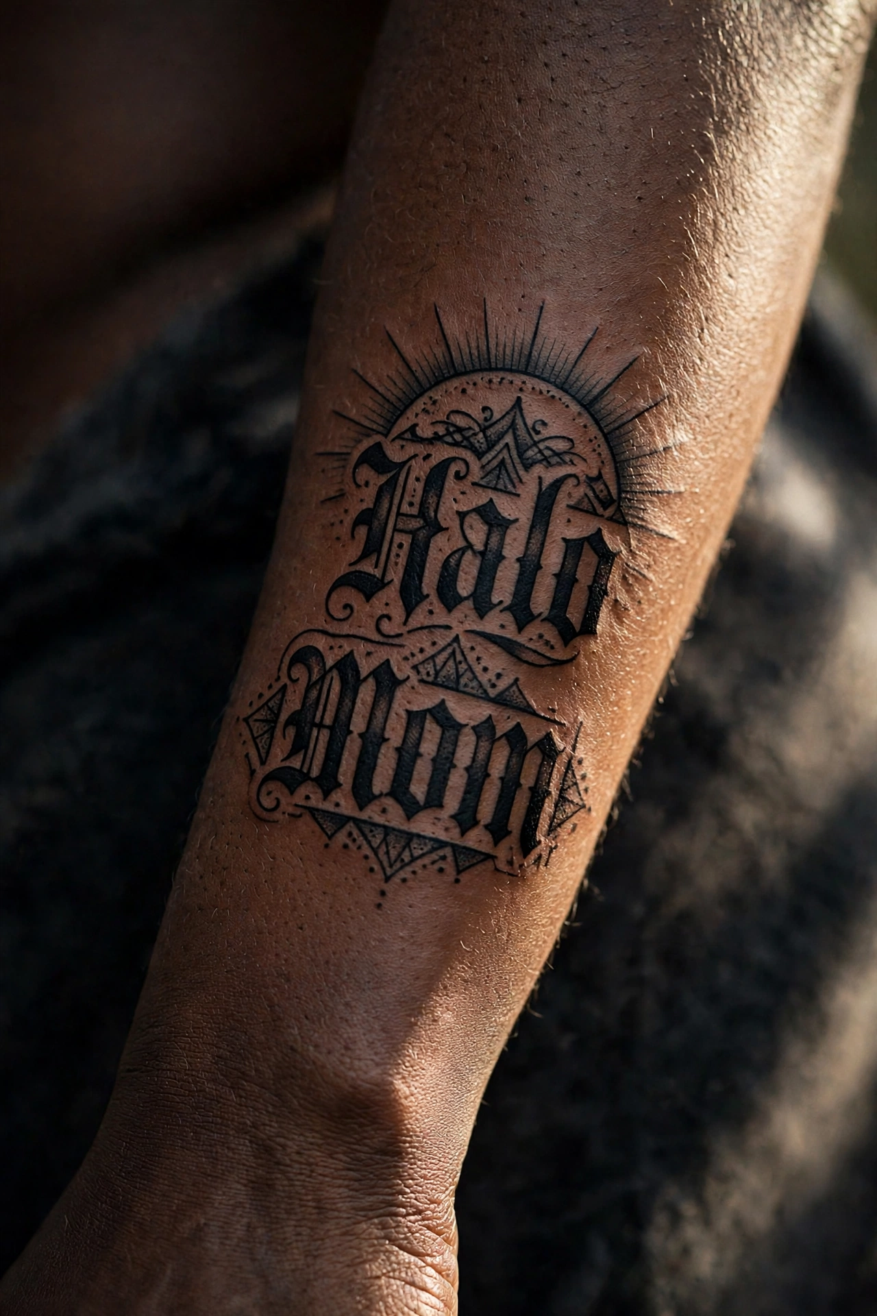 Halo tattoo with mom lettering, angelic tribute design