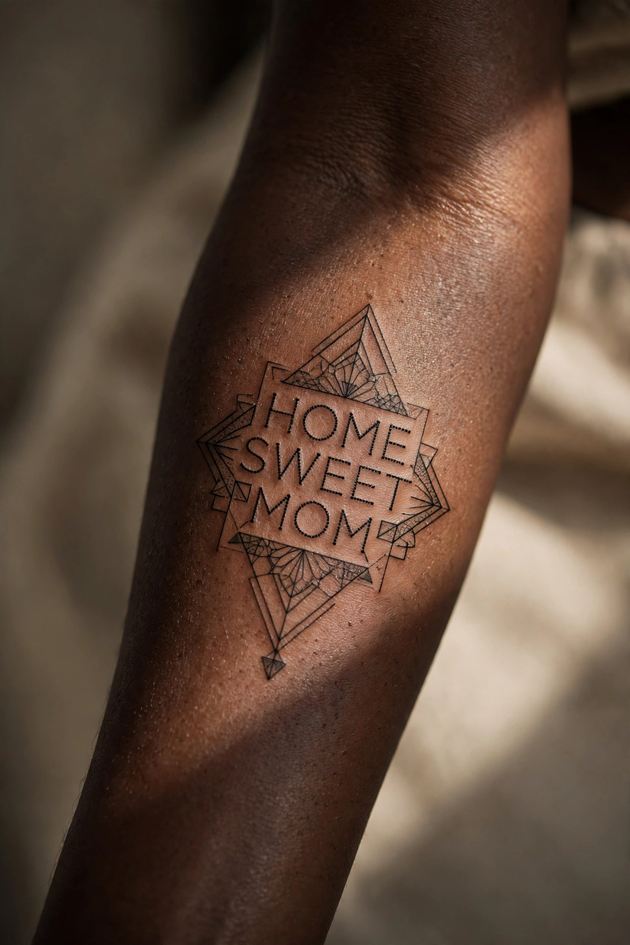 Cozy house tattoo with mom script, home tribute design