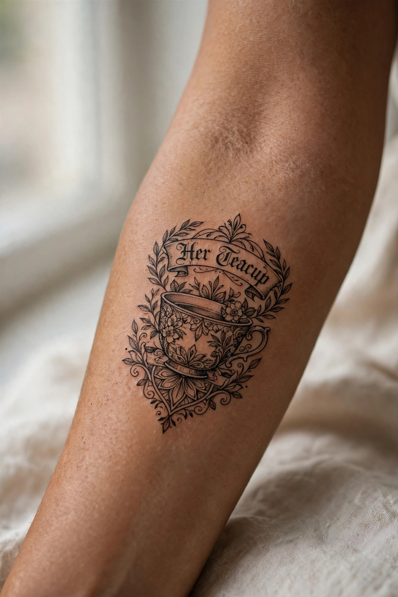 Vintage teacup tattoo honoring mom's tea ritual