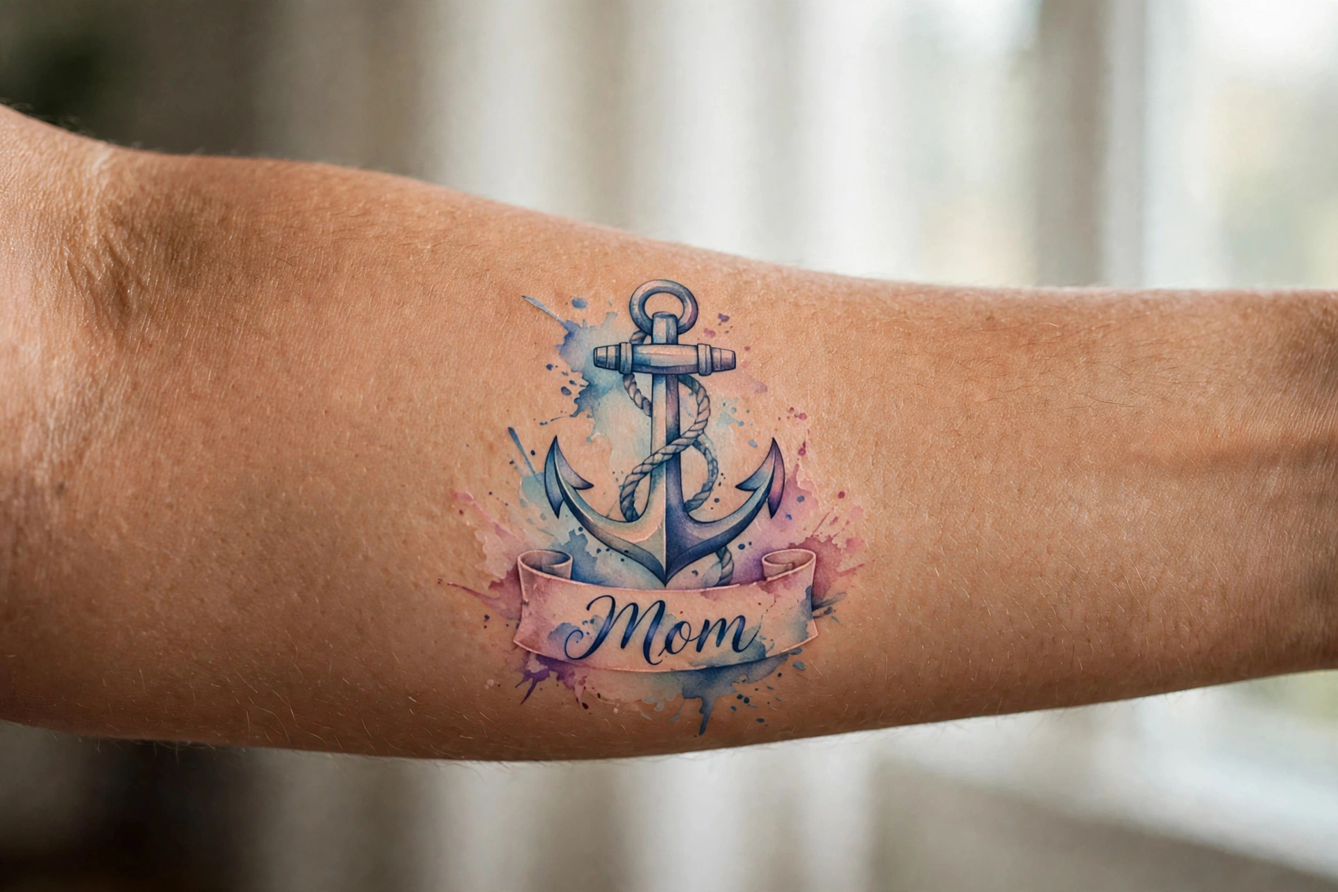 Anchor tattoo with mom banner, stability symbolism
