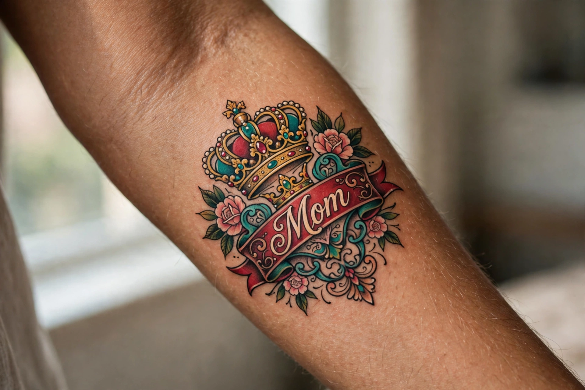 Queen crown tattoo for mom, regal tribute design