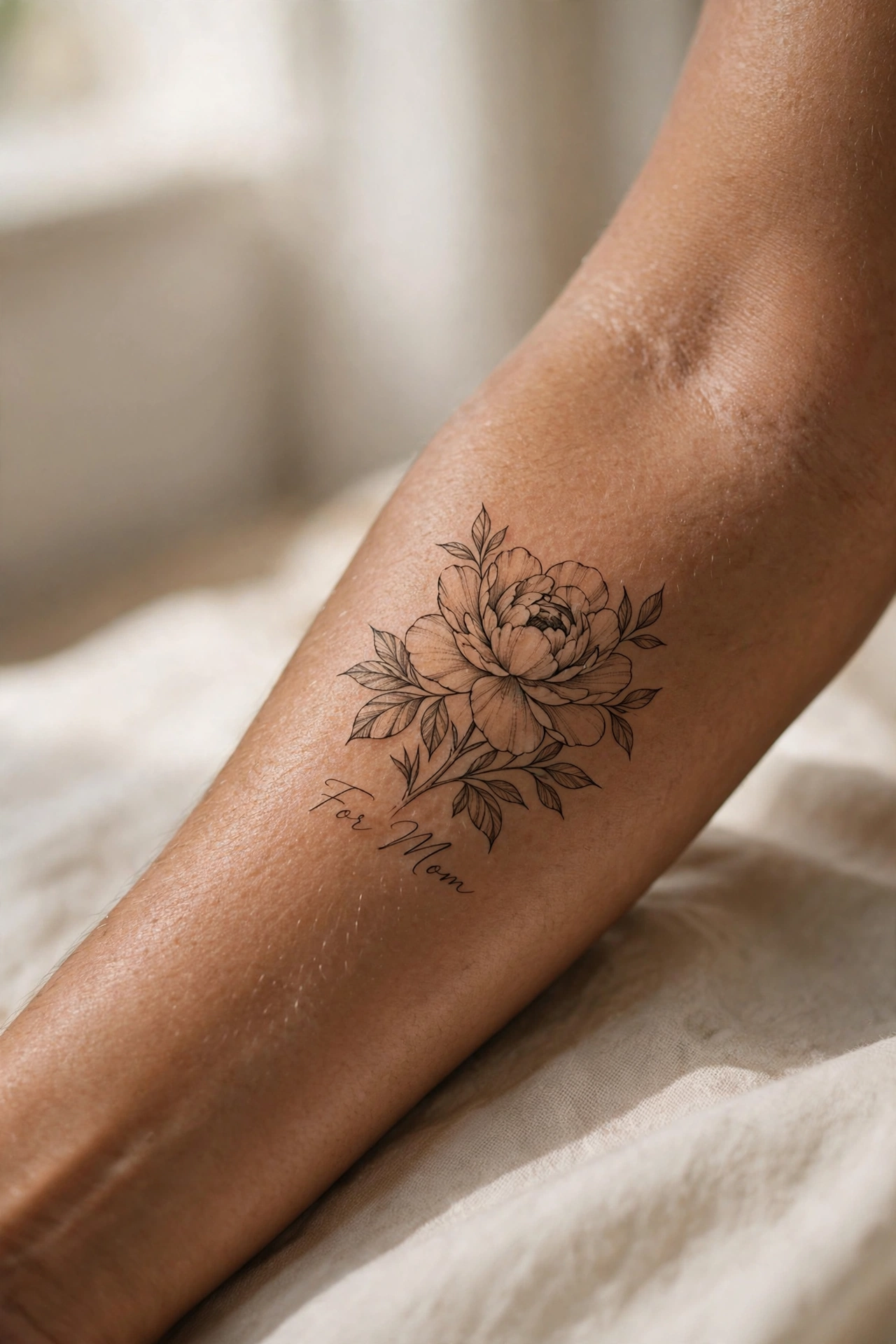 Lush peony flower tattoo honoring mom