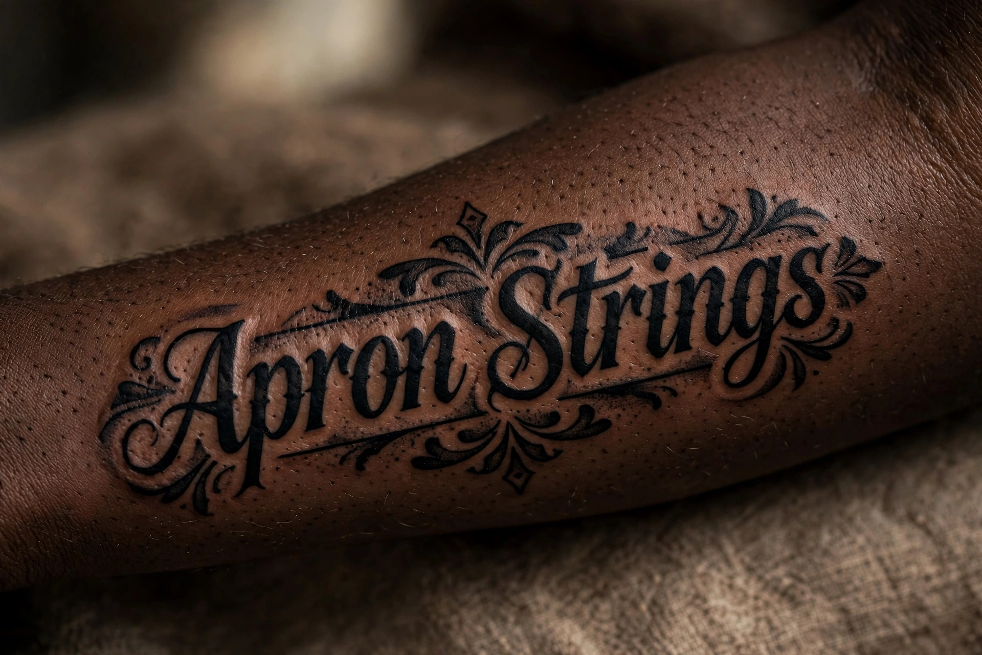 Tied to mom's apron strings tattoo, nostalgic design