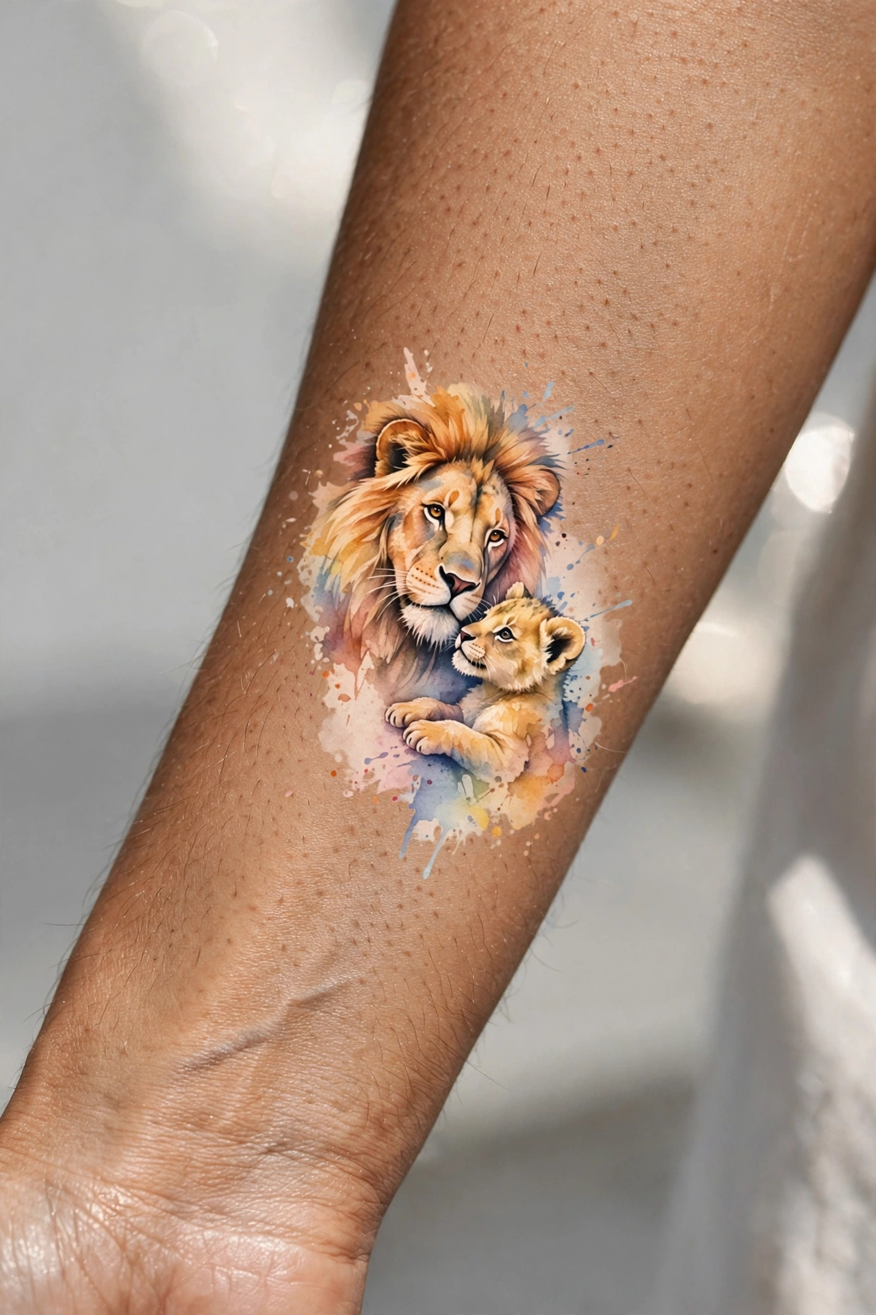 Lion and cub tattoo symbolizing strong mother son bond