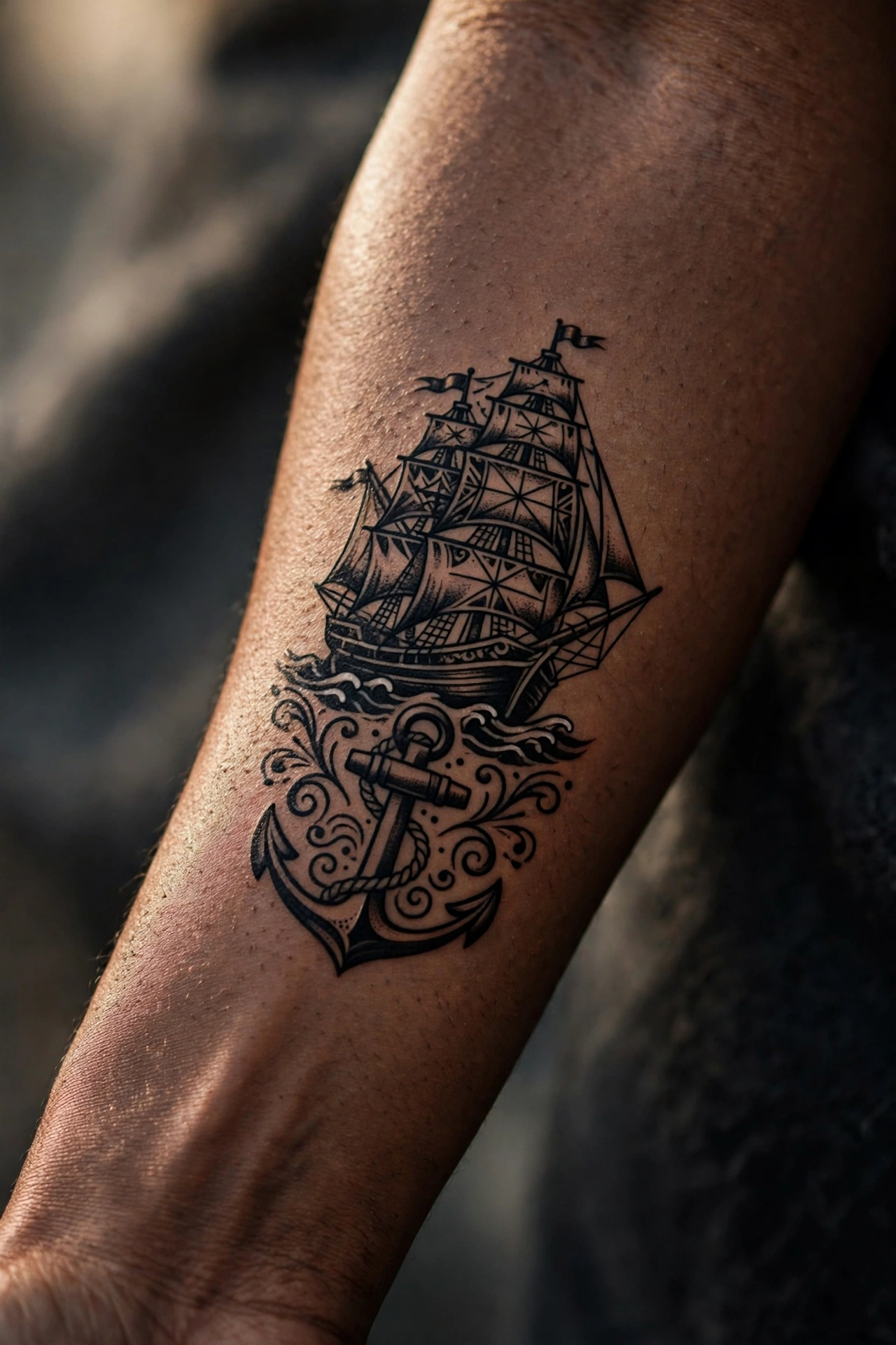 Anchor and ship matching tattoos for mother and son