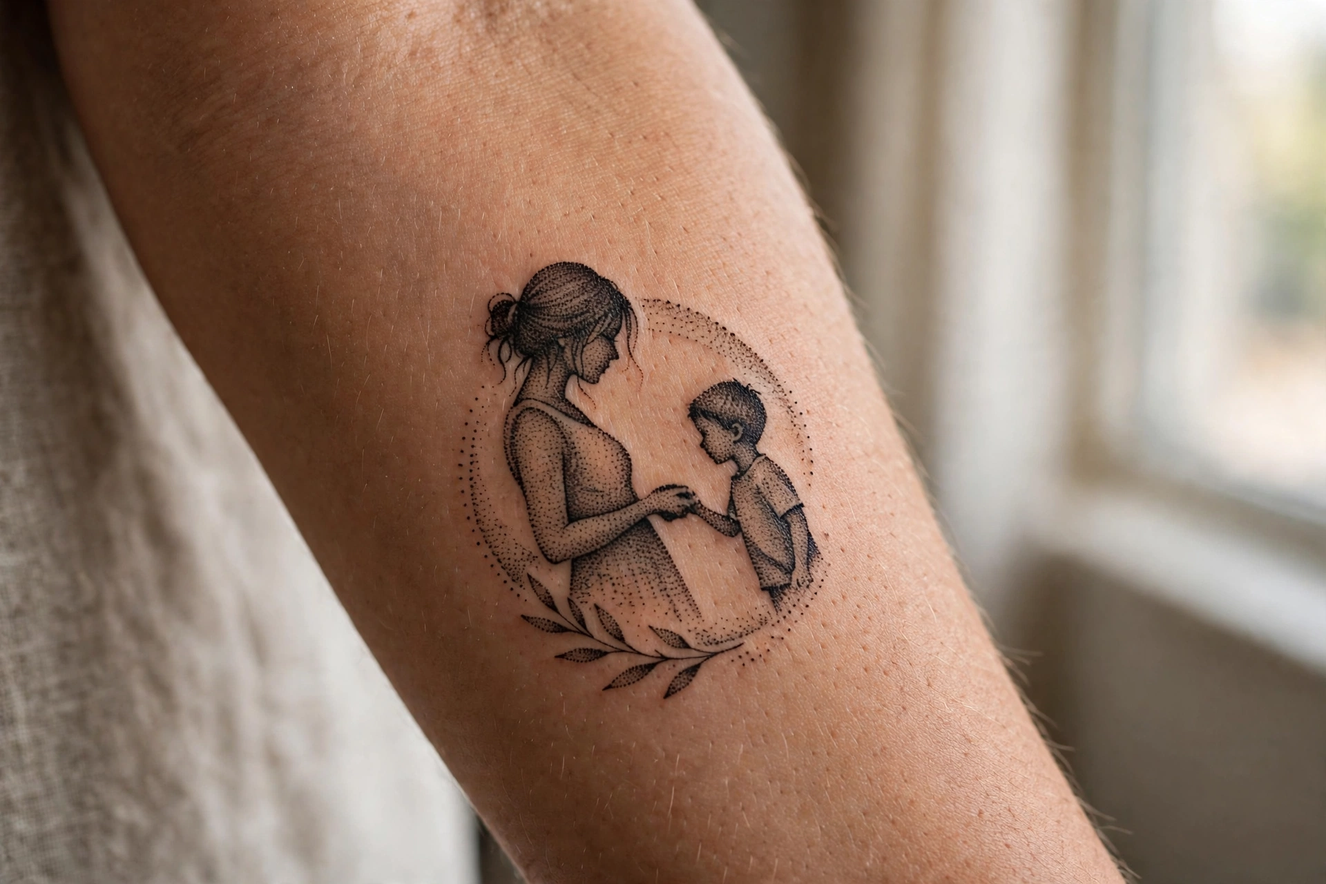 Mother and son silhouette tattoo in minimalist black ink