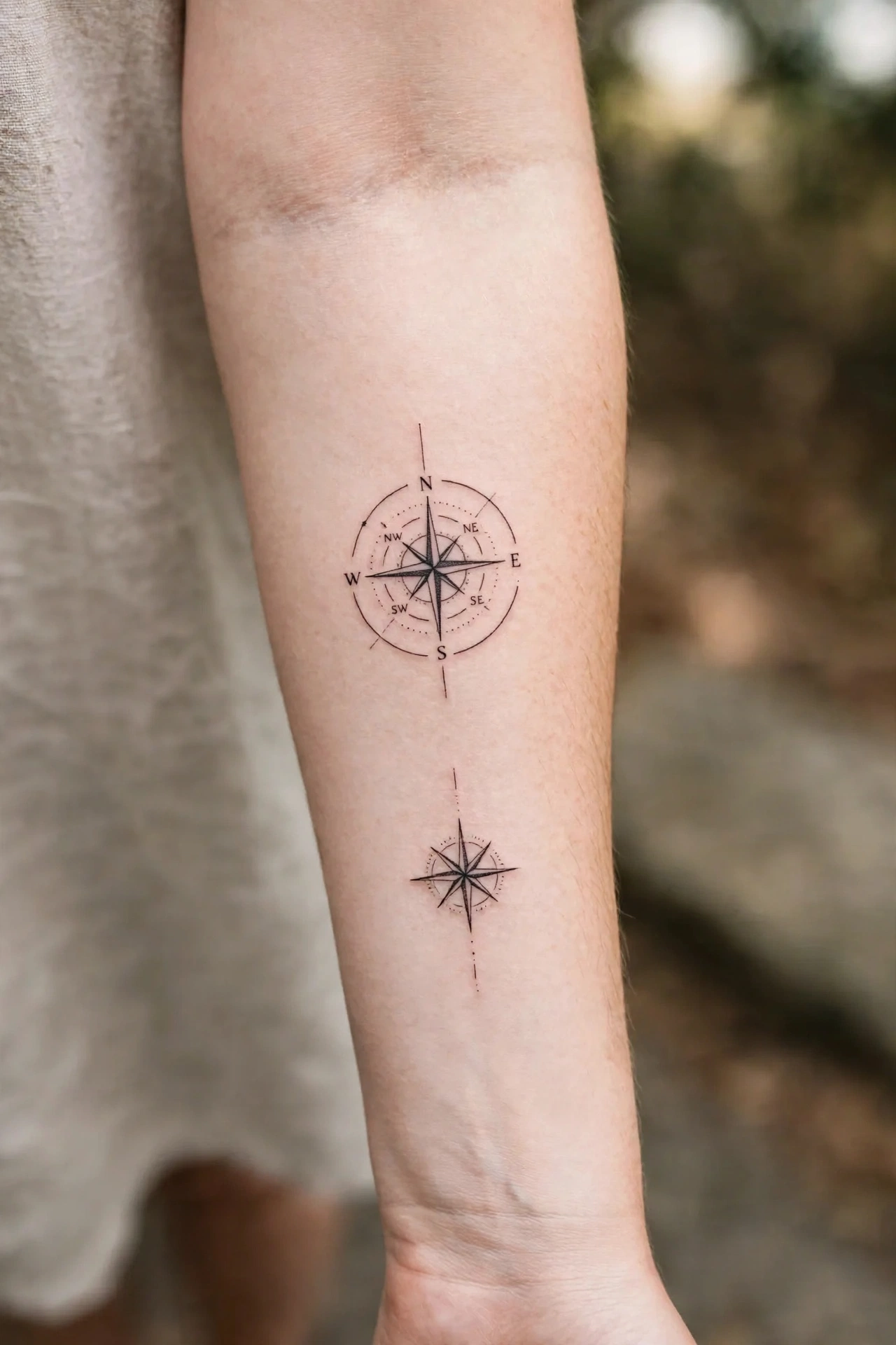 Matching compass tattoos for mother and son, adventure design