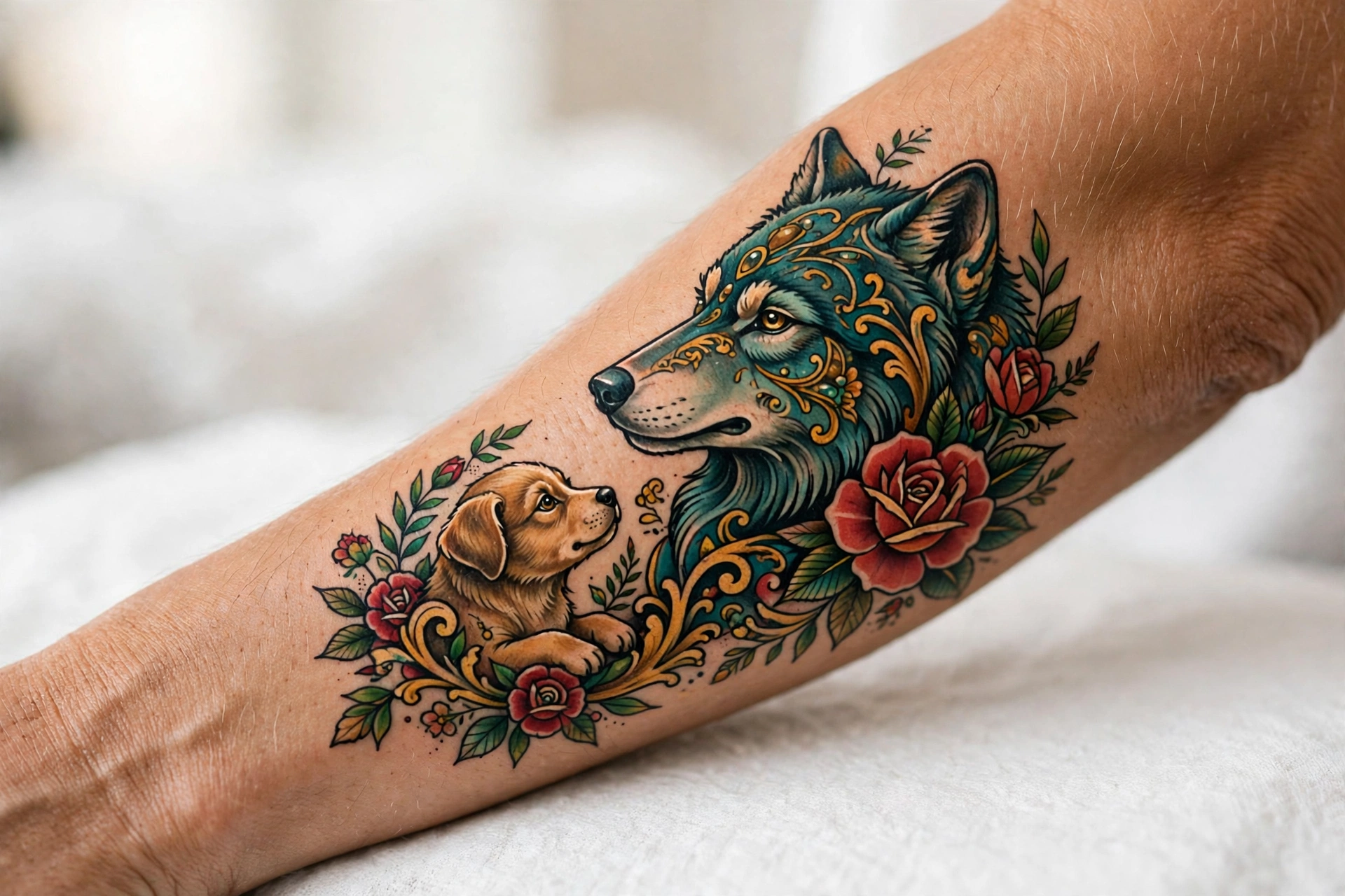 Wolf and pup tattoo symbolizing loyalty for mother and son