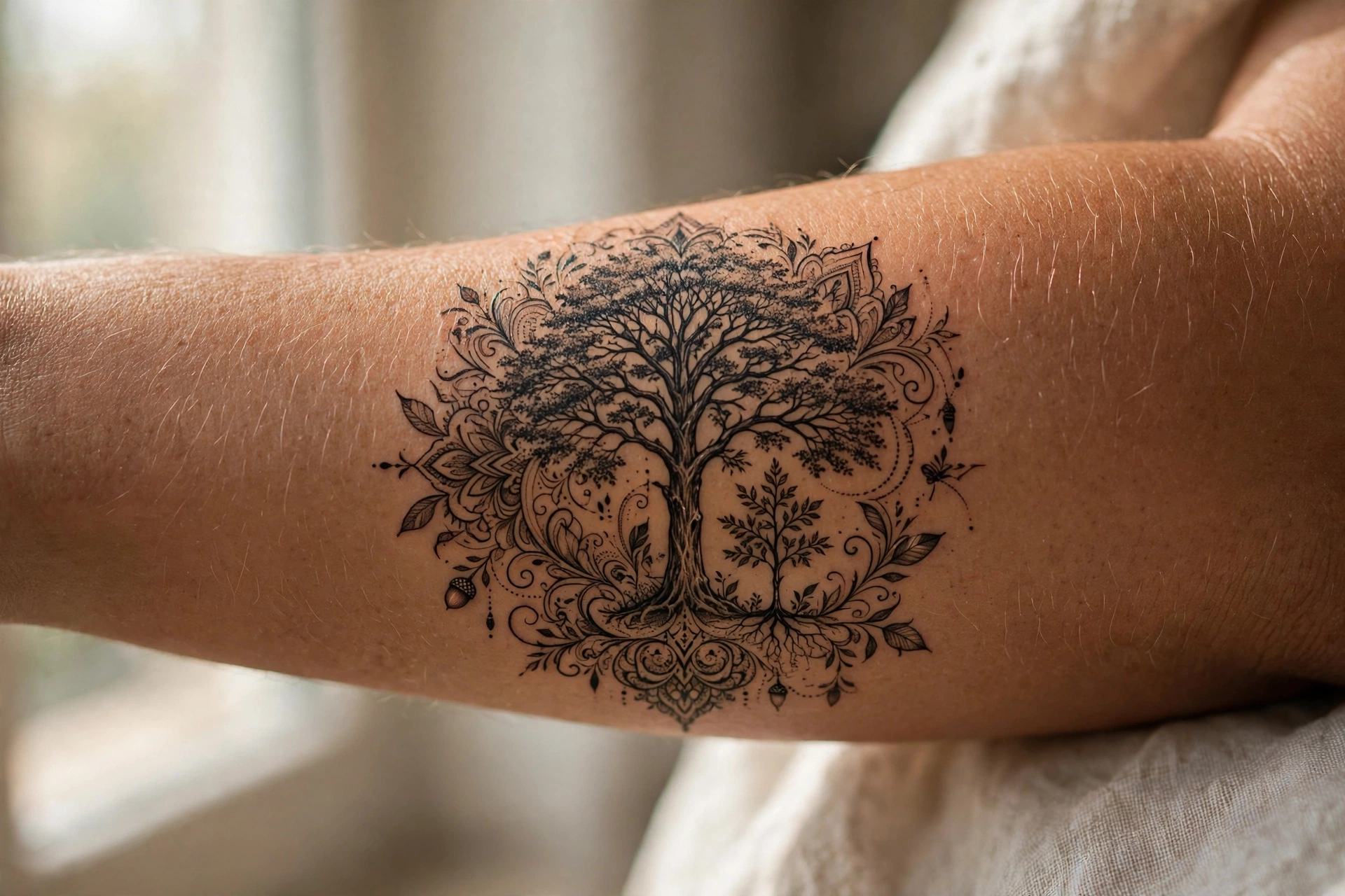Tree and sapling tattoo symbolizing mother raising son