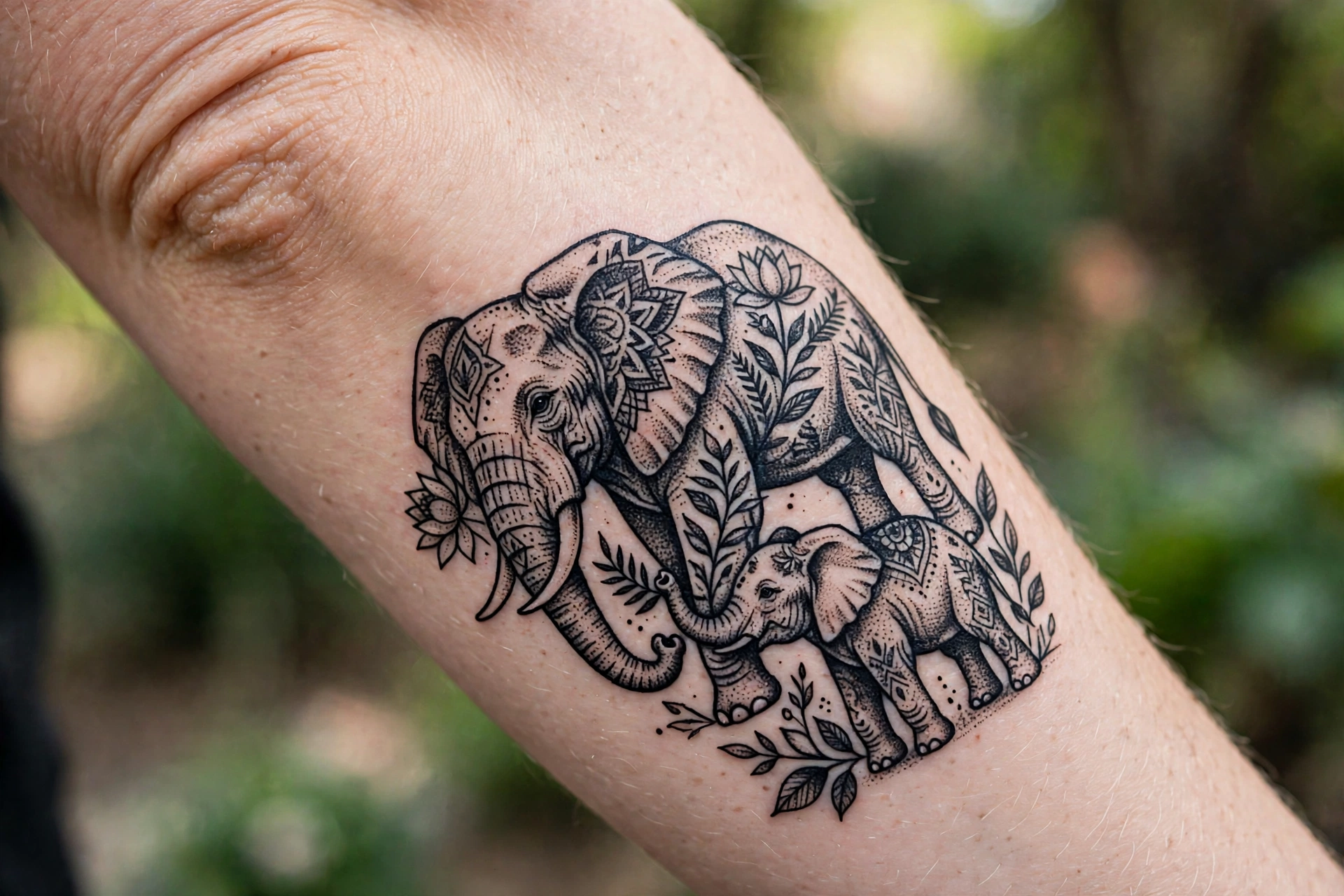 Elephant mother and calf tattoo for mother son family loyalty